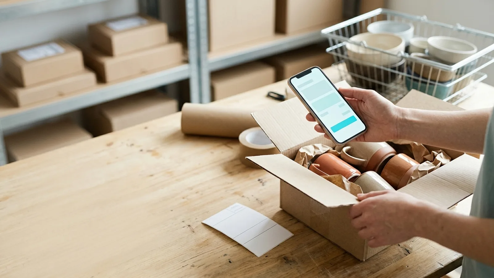 Editorial photograph of a small online shop's packing room: a hand holds a phone showing a blank checkout screen above an open, unsealed box of ceramic mugs, with an unused shipping label on the table and parcels on shelves