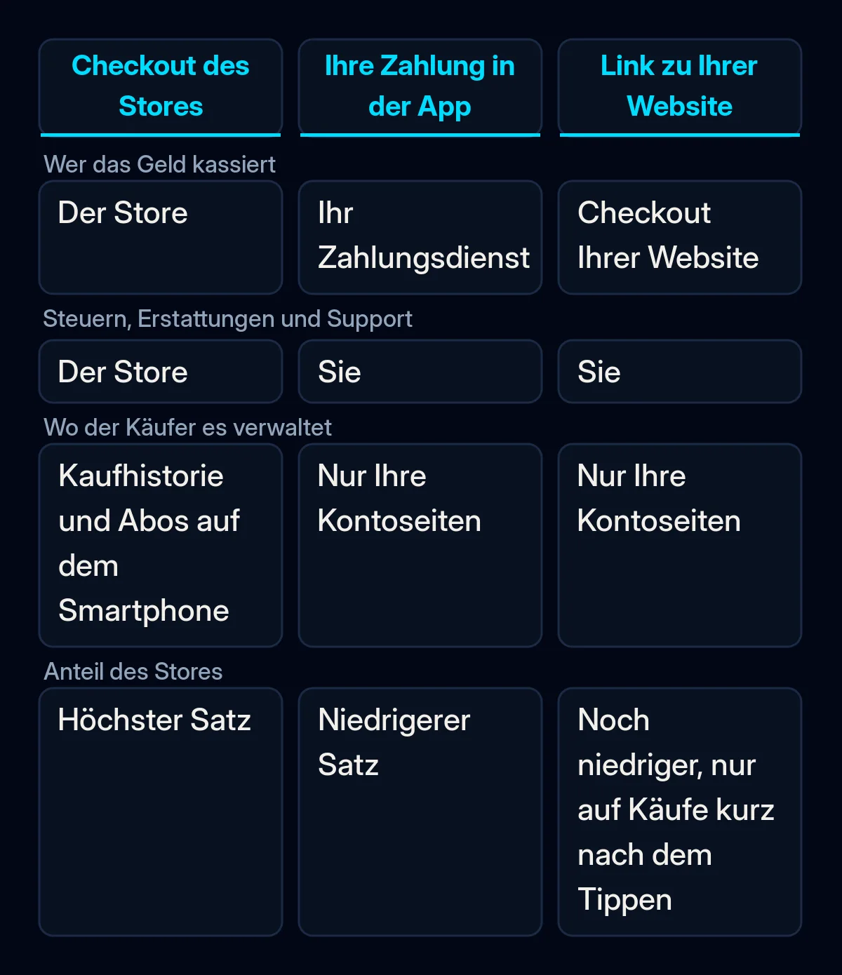 Vergleich von drei Wegen, in einer iPhone-App in der EU Zahlungen anzunehmen: Checkout des Stores, eigene Zahlung in der App und Link zu Ihrer Website