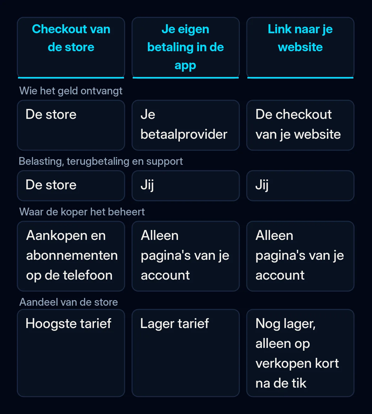 Vergelijking van drie manieren om betalingen te ontvangen in een iPhone-app in de EU: de checkout van de store, je eigen betaling in de app en een link naar je website