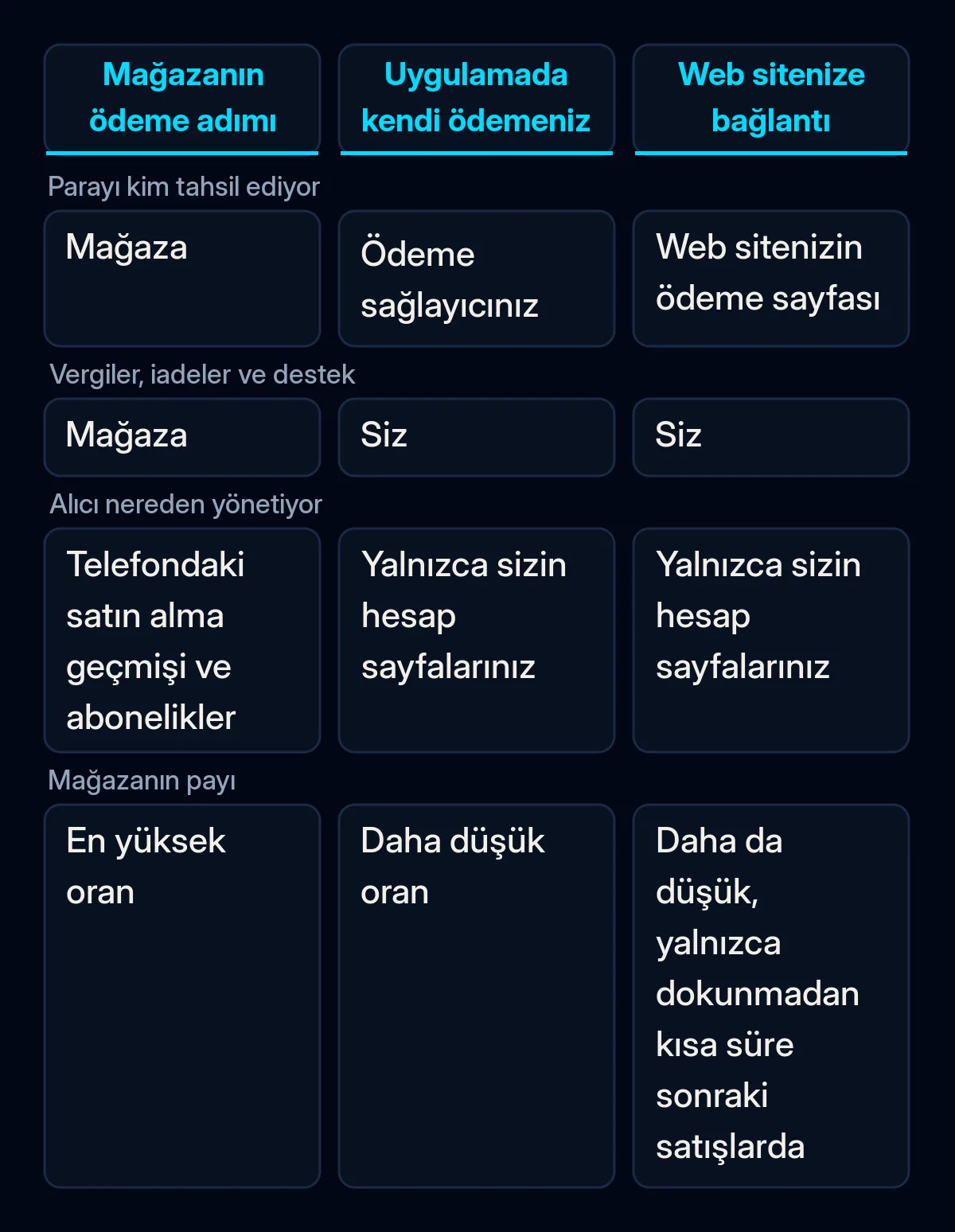 AB'de bir iPhone uygulamasında ödeme almanın üç yolunun karşılaştırması: mağazanın ödeme adımı, uygulama içinde kendi ödemeniz ve web sitenize bağlantı