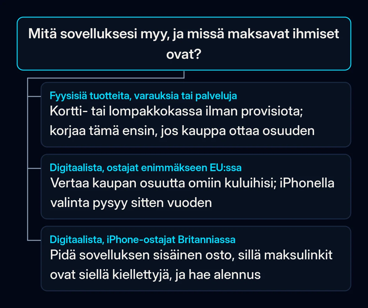 Päätöspuu: se, mitä sovelluksesi myy ja missä ostajat ovat, ratkaisee, kannattaako myyntiä sovelluskaupan ohi selvittää