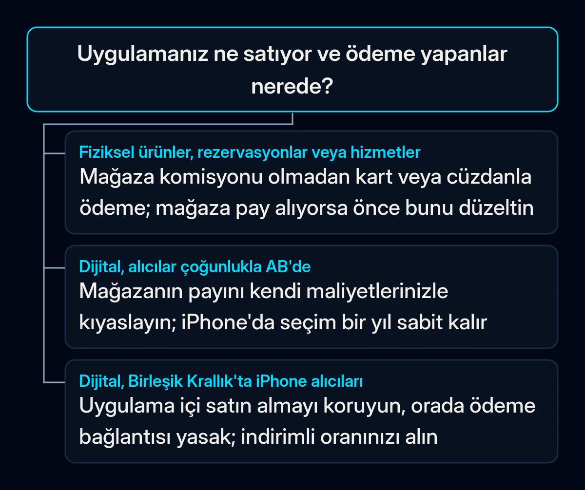 Karar ağacı: uygulamanızın ne sattığı ve alıcılarının nerede olduğu, uygulama mağazası dışında satışın incelenmeye değer olup olmadığını belirler