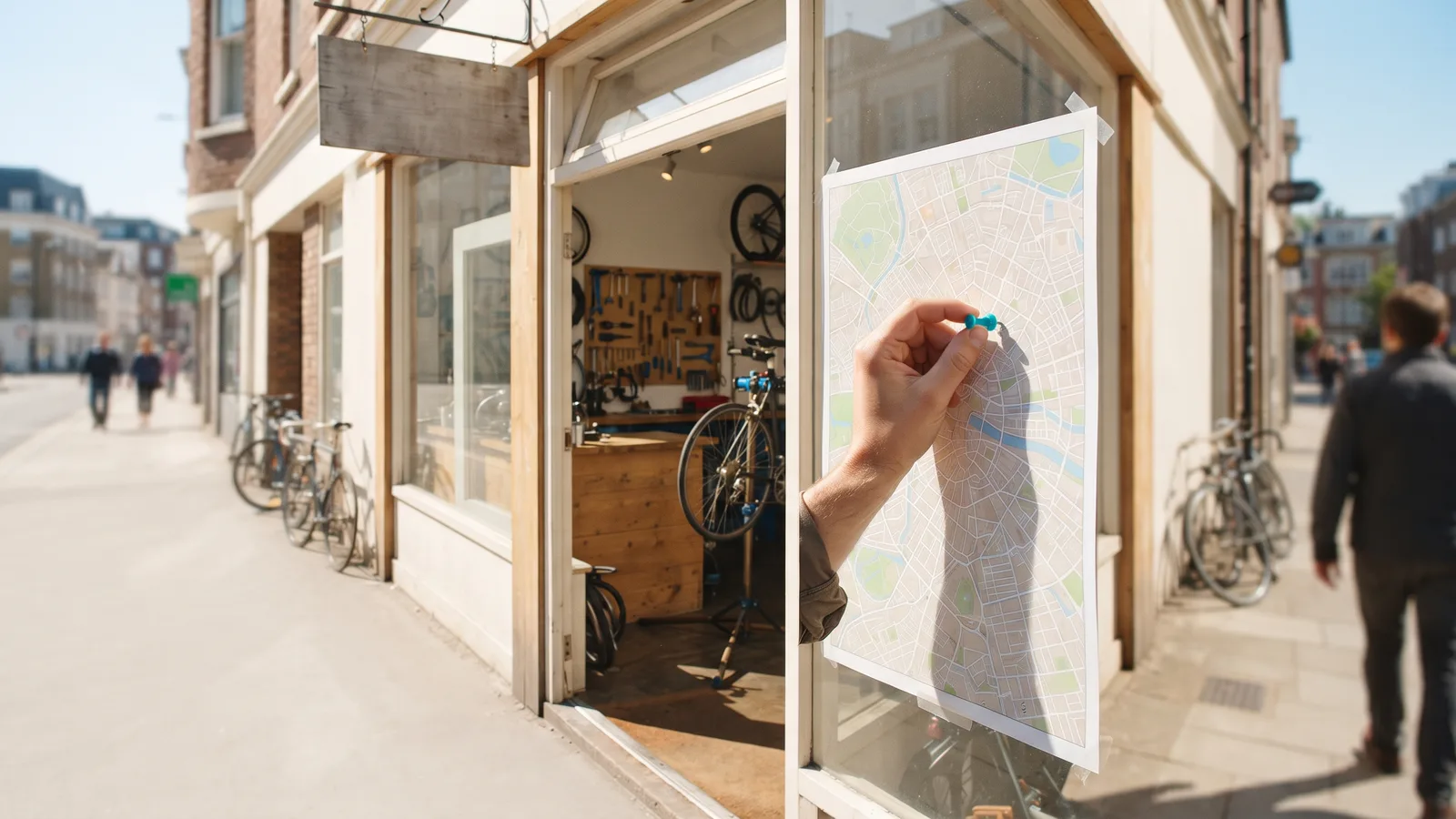 A hand presses a cyan pin into a paper street map taped to a bike repair shop window under a blank wooden sign