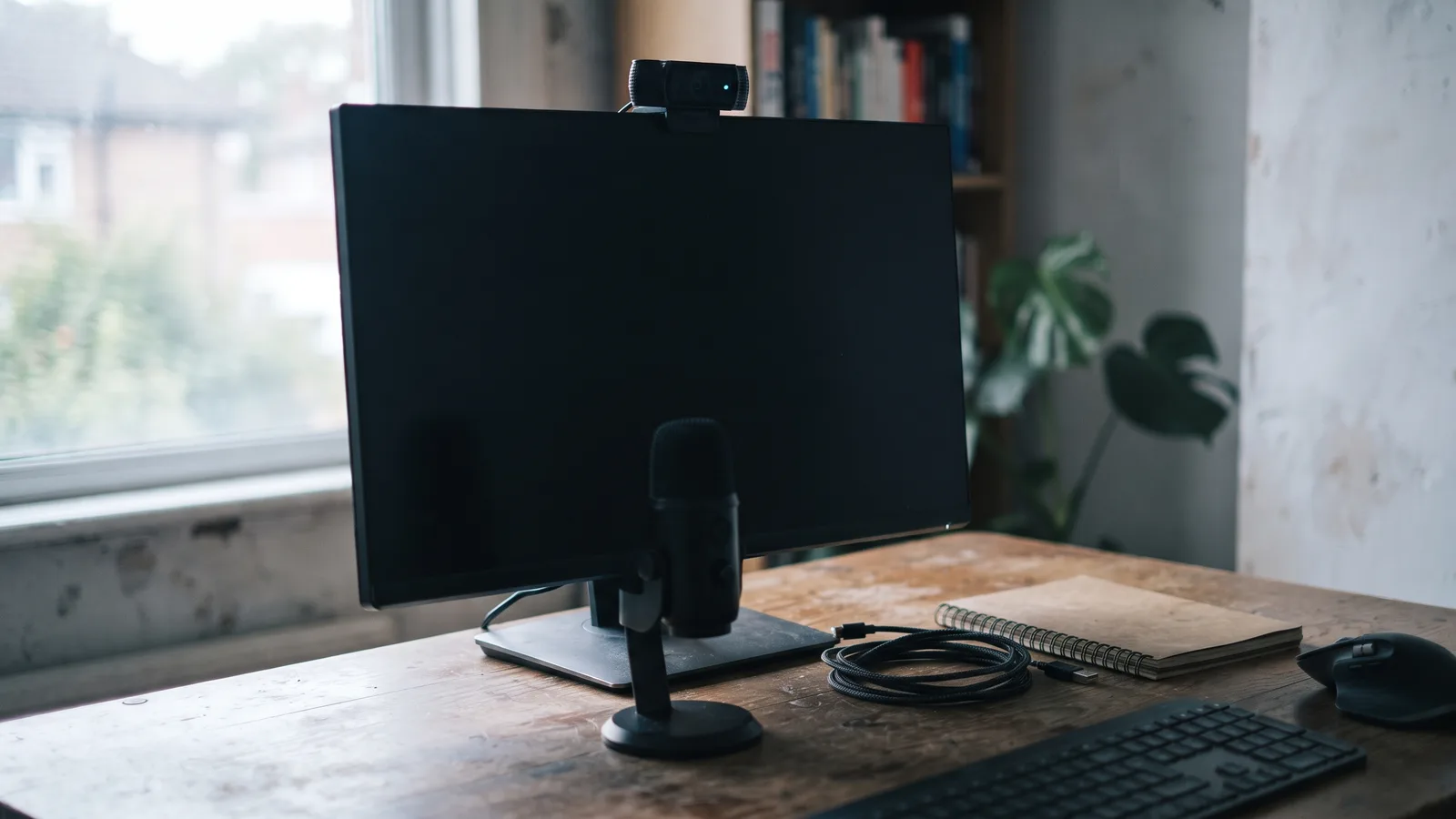 Documentary photograph of a home-office desk by a window: an unbranded webcam clipped to the top of a dark, switched-off monitor, a condenser microphone on a desk stand in front of it, a coiled USB cable and a closed notebook on the wooden desktop
