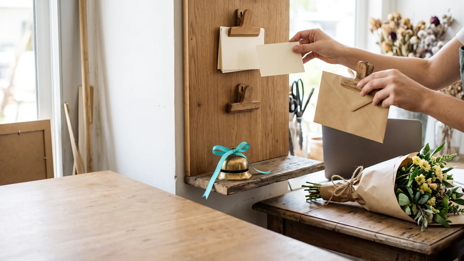 Hands inspect a blank card at a florist's task board, beside a bell, an envelope and a bouquet.