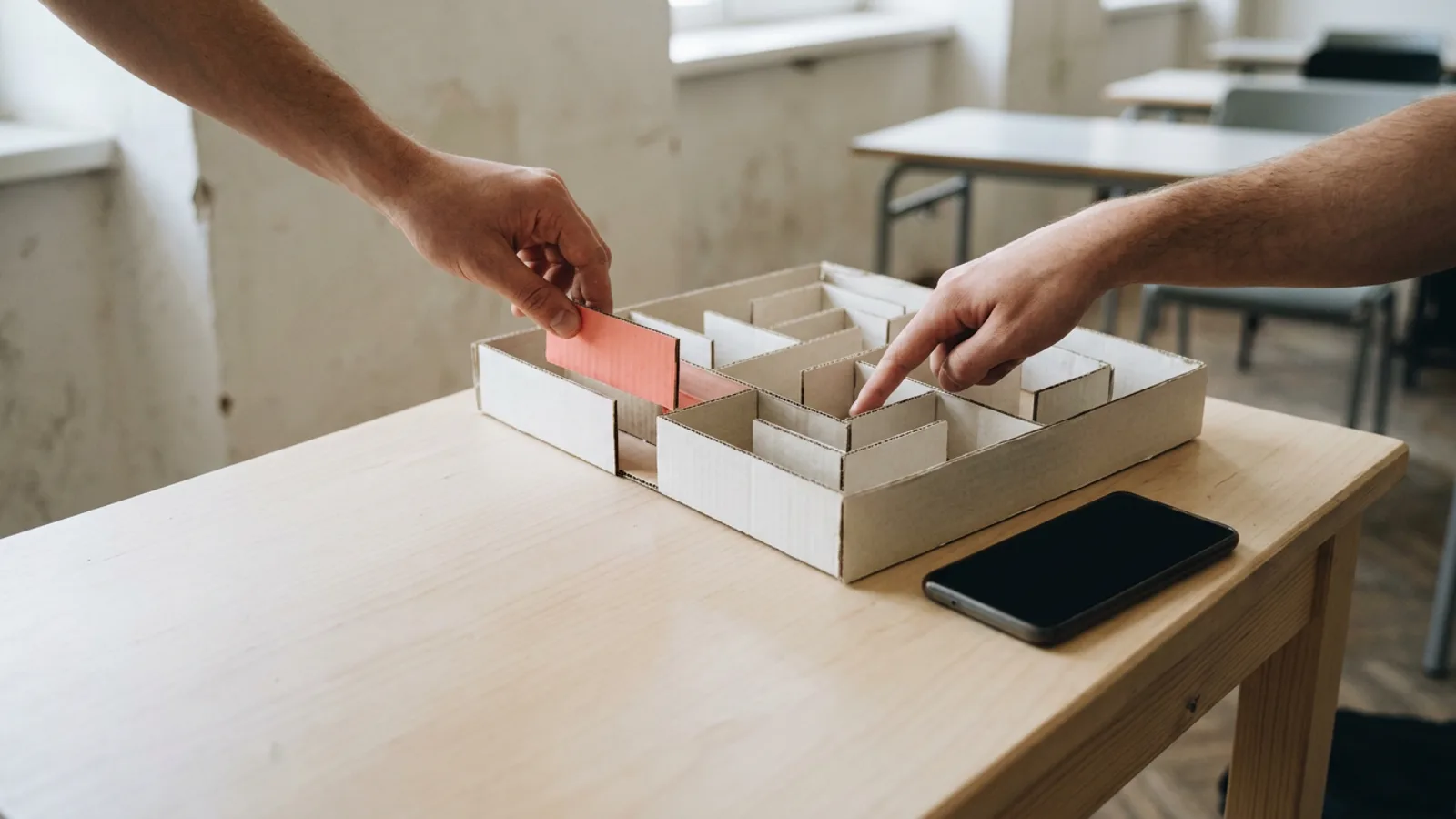Hands hold a coral partition and point into a cardboard maze beside a dark phone on a classroom table.