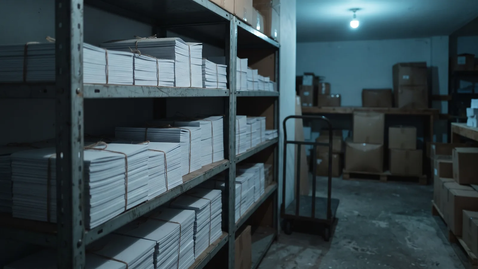 Documentary photograph of a dim storeroom: a tall metal shelving unit stacked with bundles of blank white printed sheets tied with string, an empty black hand trolley parked beside it, cardboard boxes on pallets in the background, a single bare bulb with a cool cyan tint hanging from the ceiling above a concrete floor