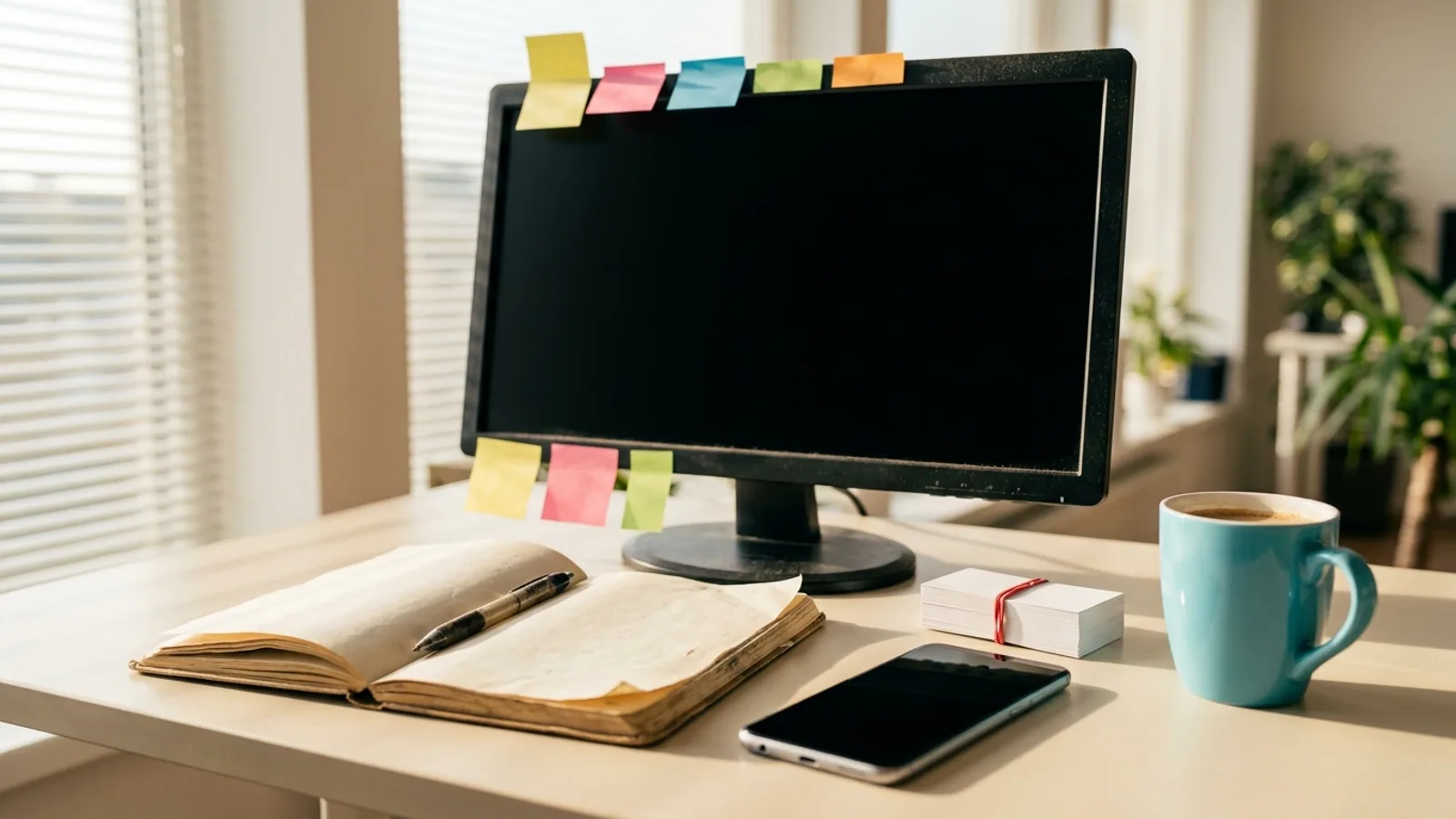 Dokumentarische Fotografie eines sonnendurchfluteten Schreibtischs am Fenster: ein ausgeschalteter schwarzer Desktop-Monitor mit dunklem Bildschirm und einer Reihe leerer bunter Haftnotizen entlang der oberen und unteren Kante, davor ein aufgeschlagenes, abgegriffenes Papiernotizbuch mit einem Stift quer über den Seiten, ein Smartphone ohne Marke mit ausgeschaltetem Display, eine kleine weiße Schachtel Visitenkarten mit rotem Band und eine türkise Kaffeetasse; helles Tageslicht, grüne Pflanzen unscharf im Hintergrund