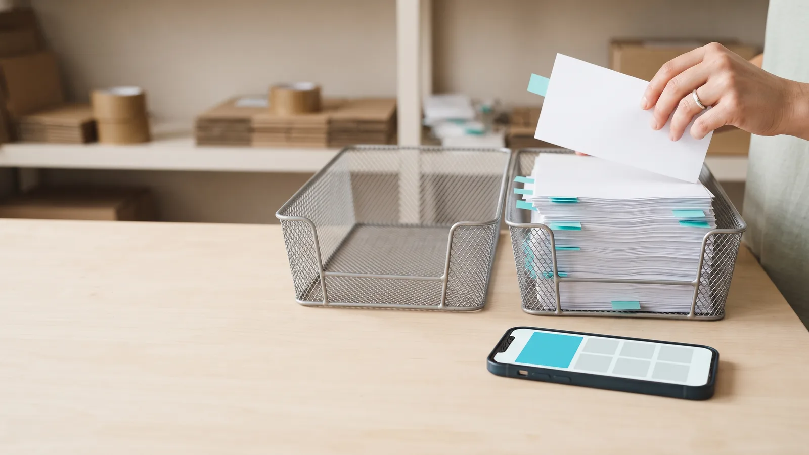 A hand adds a tabbed sheet to an overflowing wire tray next to an empty one; a phone on the bench shows one cyan block