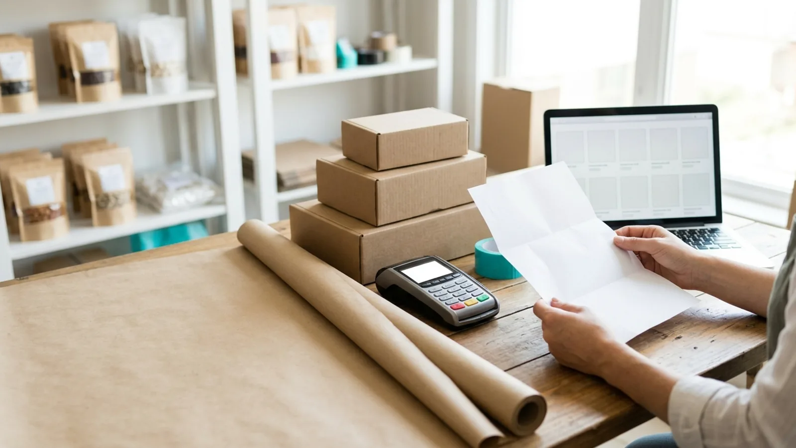 Editorial photograph of an online shop's packing table: hands holding a blank quotation sheet, a laptop with an empty grid of product cards, three stacked cardboard boxes, a card terminal and a roll of kraft paper; shelves of goods blurred behind