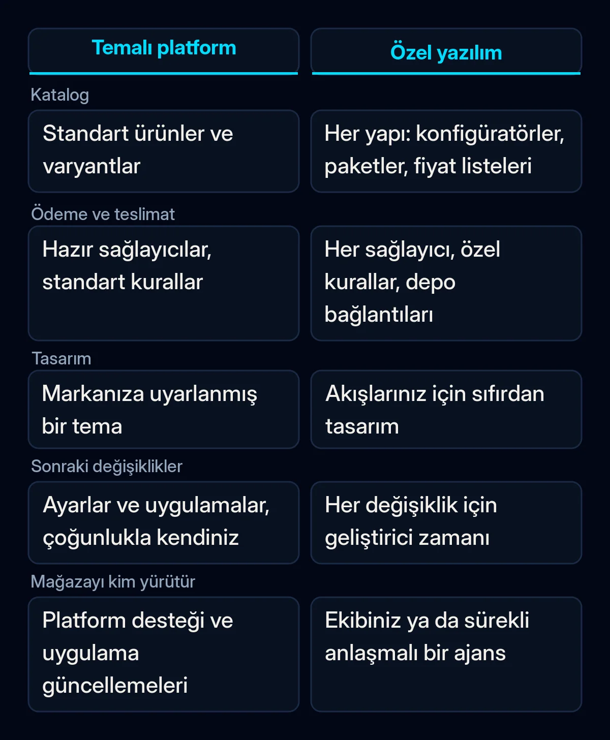 Temalı platform mağazası ile özel yazılım mağazanın beş ölçüte göre iki sütunlu karşılaştırması: katalog, ödeme ve teslimat, tasarım, sonraki değişiklikler ve mağazayı kimin yürüteceği