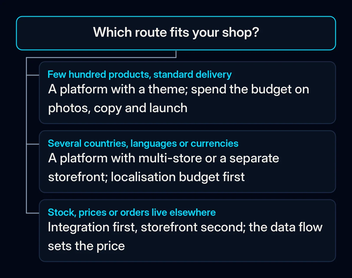 Decision tree with one question, which route fits your shop, and three answers leading to a platform with a theme, a multi-store setup, or an integration-first build