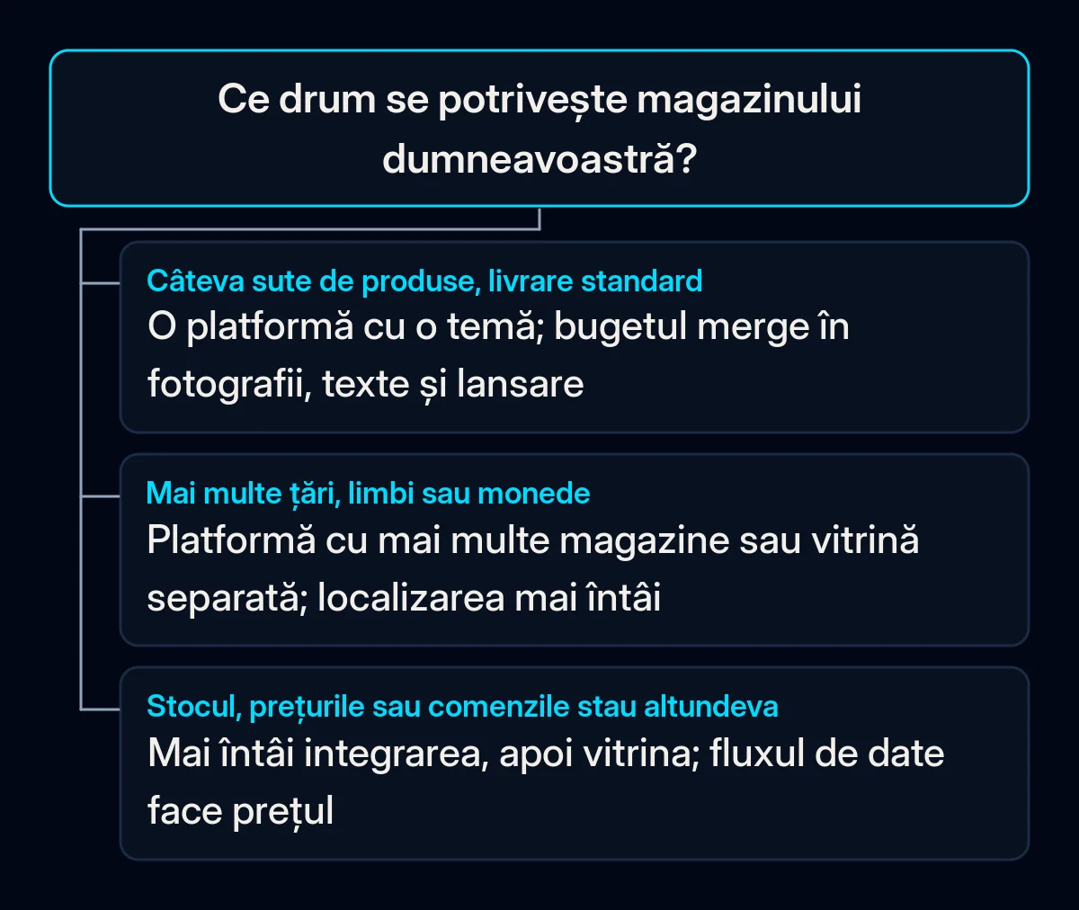 Arbore de decizie cu o singură întrebare, ce drum se potrivește magazinului dumneavoastră, și trei răspunsuri care duc la o platformă cu o temă, la o configurare cu mai multe magazine sau la o construcție care începe cu integrarea