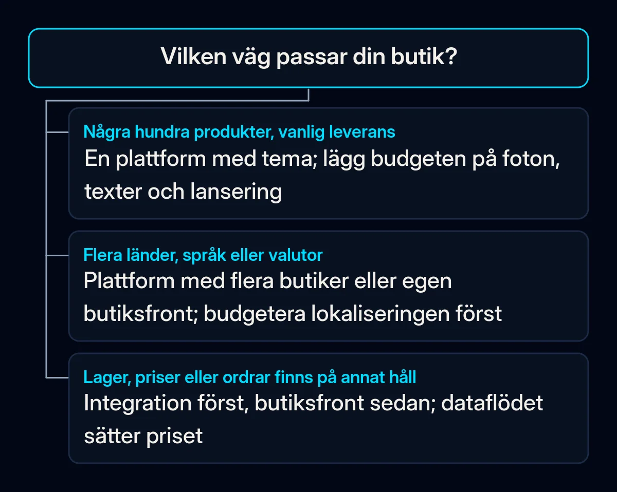 Beslutsträd med en fråga, vilken väg passar din butik, och tre svar som leder till en plattform med tema, en lösning med flera butiker eller en integration först