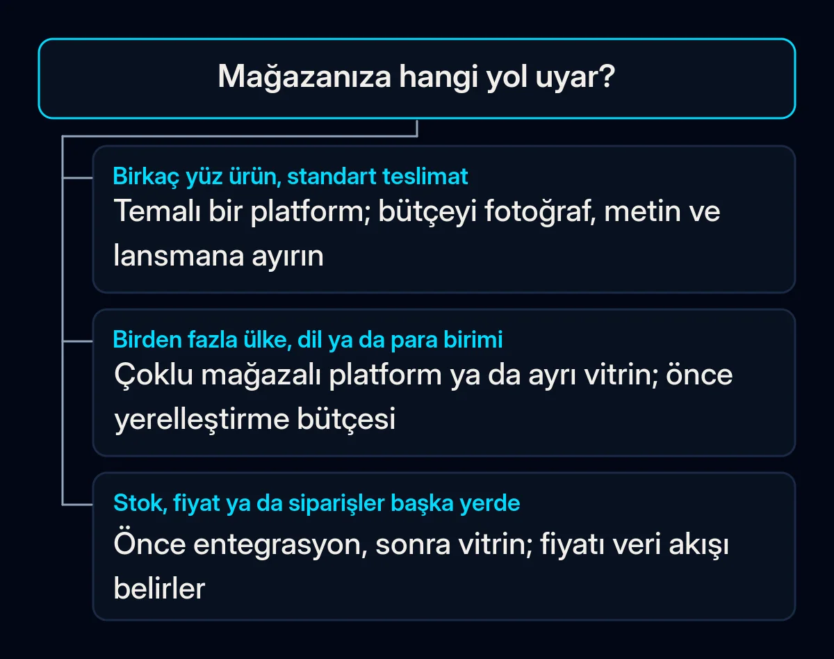 Tek soruluk karar ağacı, mağazanıza hangi yol uyar, ve temalı platforma, çoklu mağaza kurulumuna ya da önce entegrasyon yapısına götüren üç yanıt