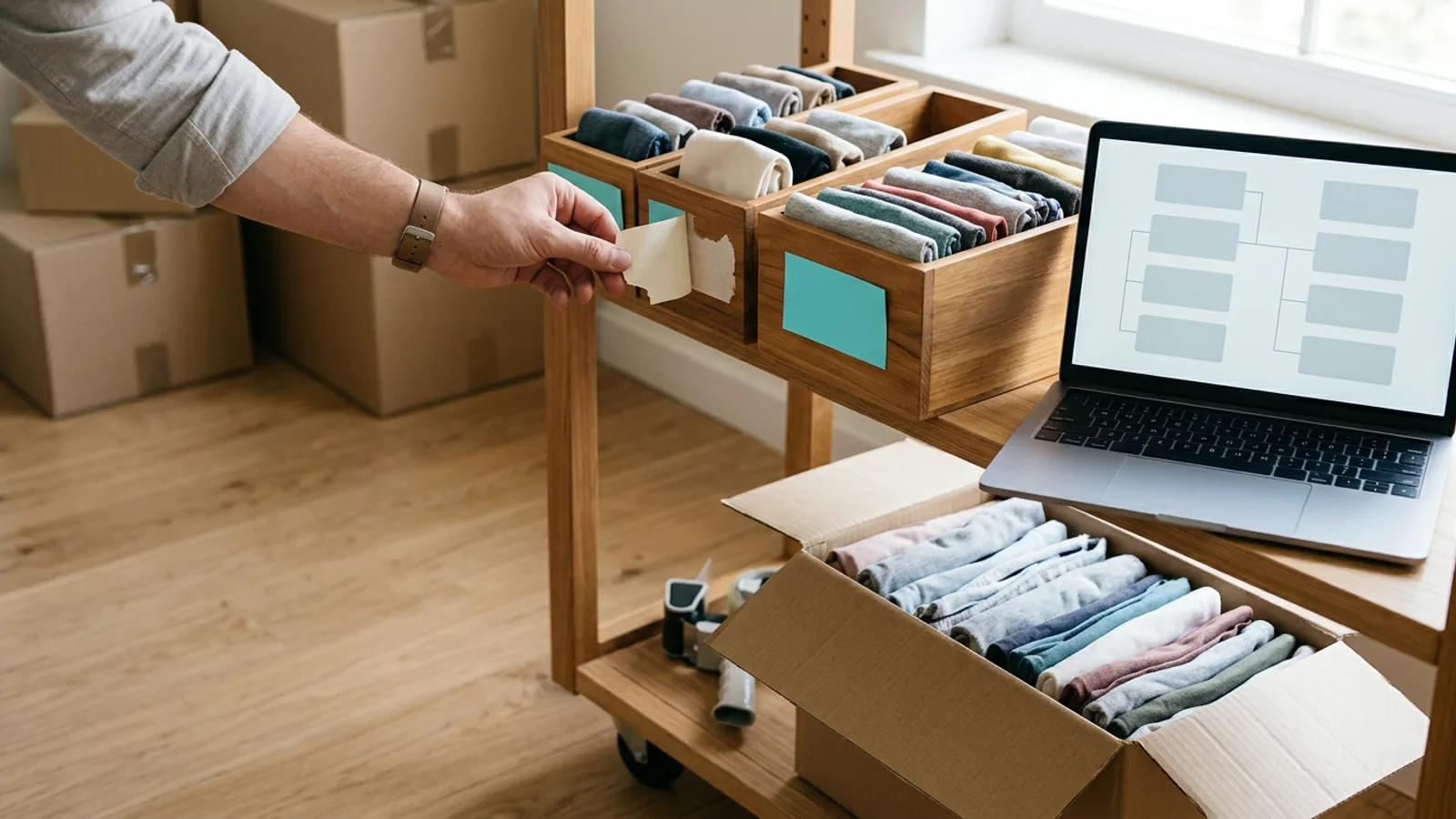 A hand peels an old label off a wooden bin of folded clothes; a laptop shows two columns of linked blocks above a packed box