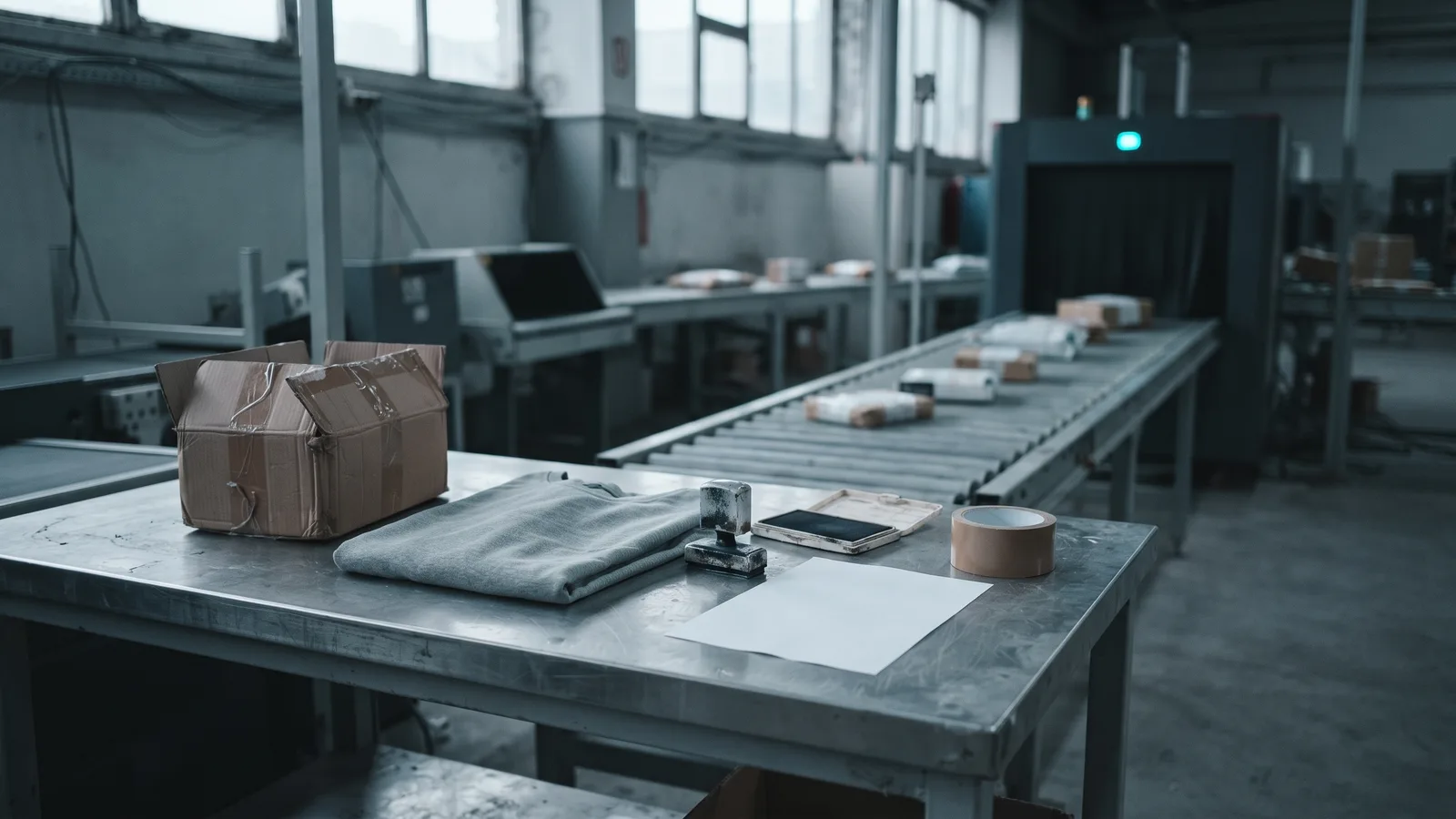 Documentary photograph of a steel customs inspection bench in a parcel-sorting hall: an opened small cardboard parcel, a folded grey garment beside it, a rubber stamp with ink pad, a roll of tape and a blank sheet of paper turned face down; behind, a roller conveyor carries small parcels into a scanning gate with a single cyan indicator lamp lit, cool blue-grey light from high windows