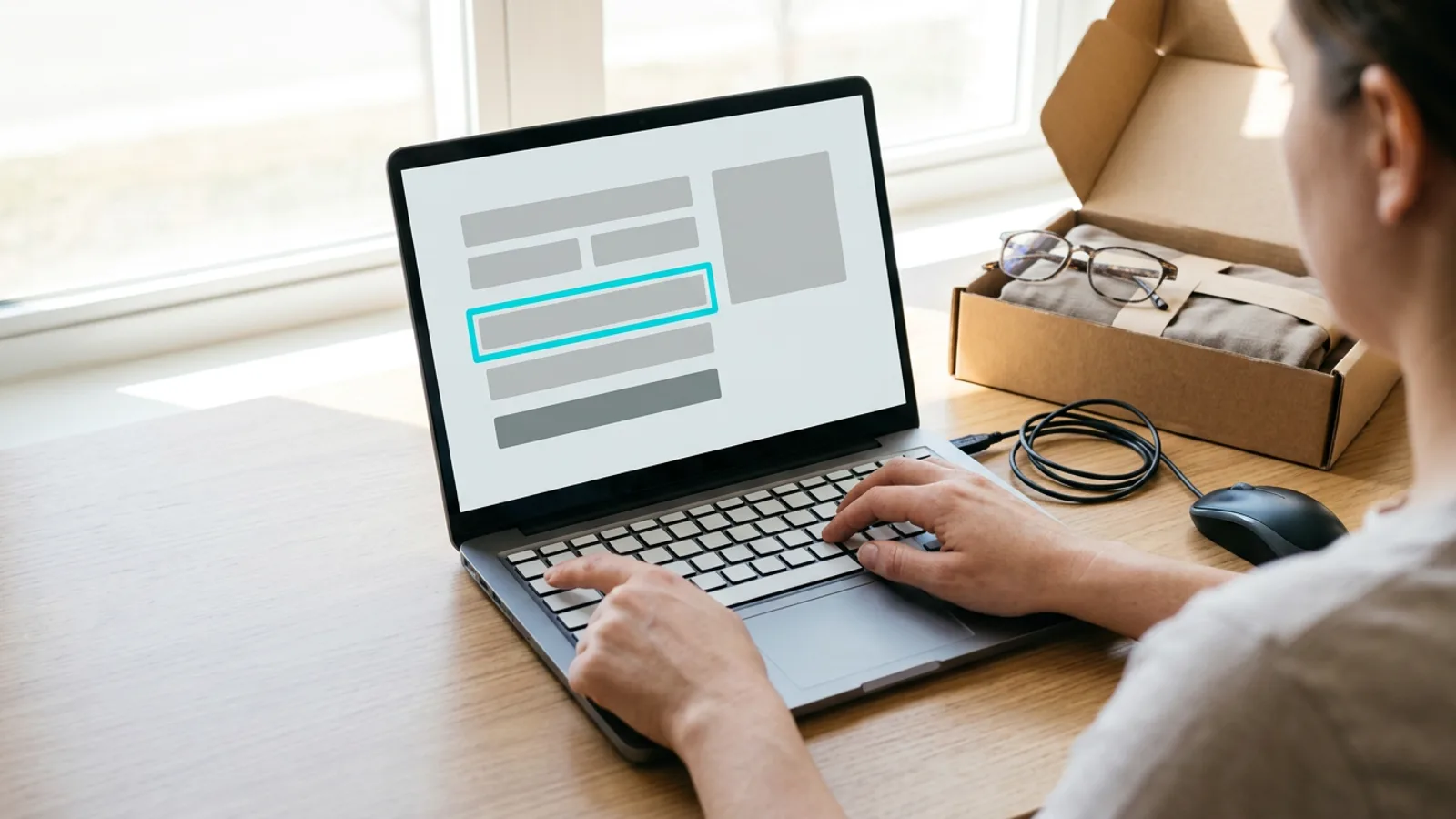 Mâini pe tastatura unui laptop, pe ecran un formular web cu un singur câmp încadrat cu cyan; mouse deconectat, ochelari pe o cutie de expediere