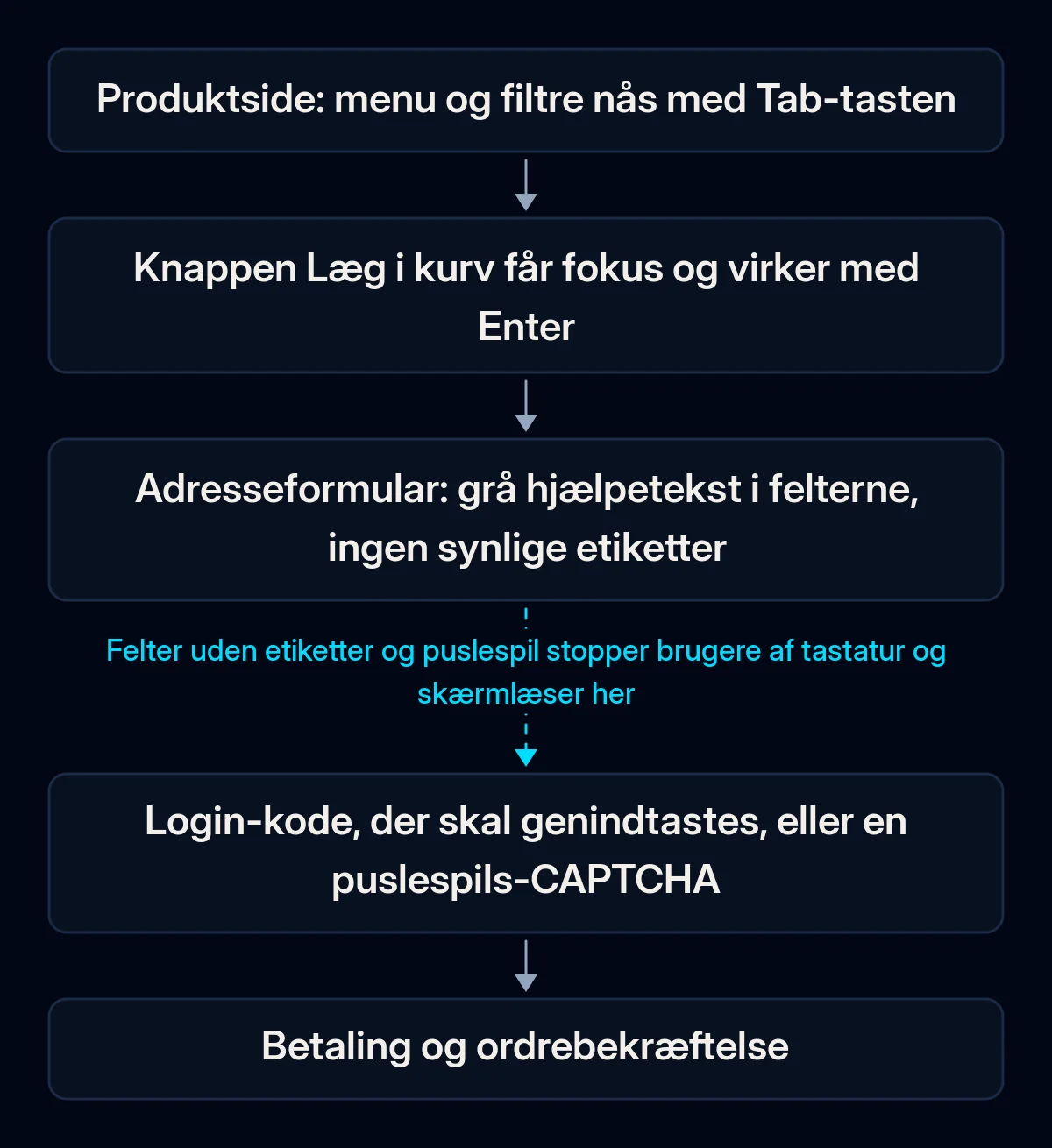 Kundens vej i fem trin kun med tastatur, fra produktsiden til betaling; pilen efter adresseformularen er brudt