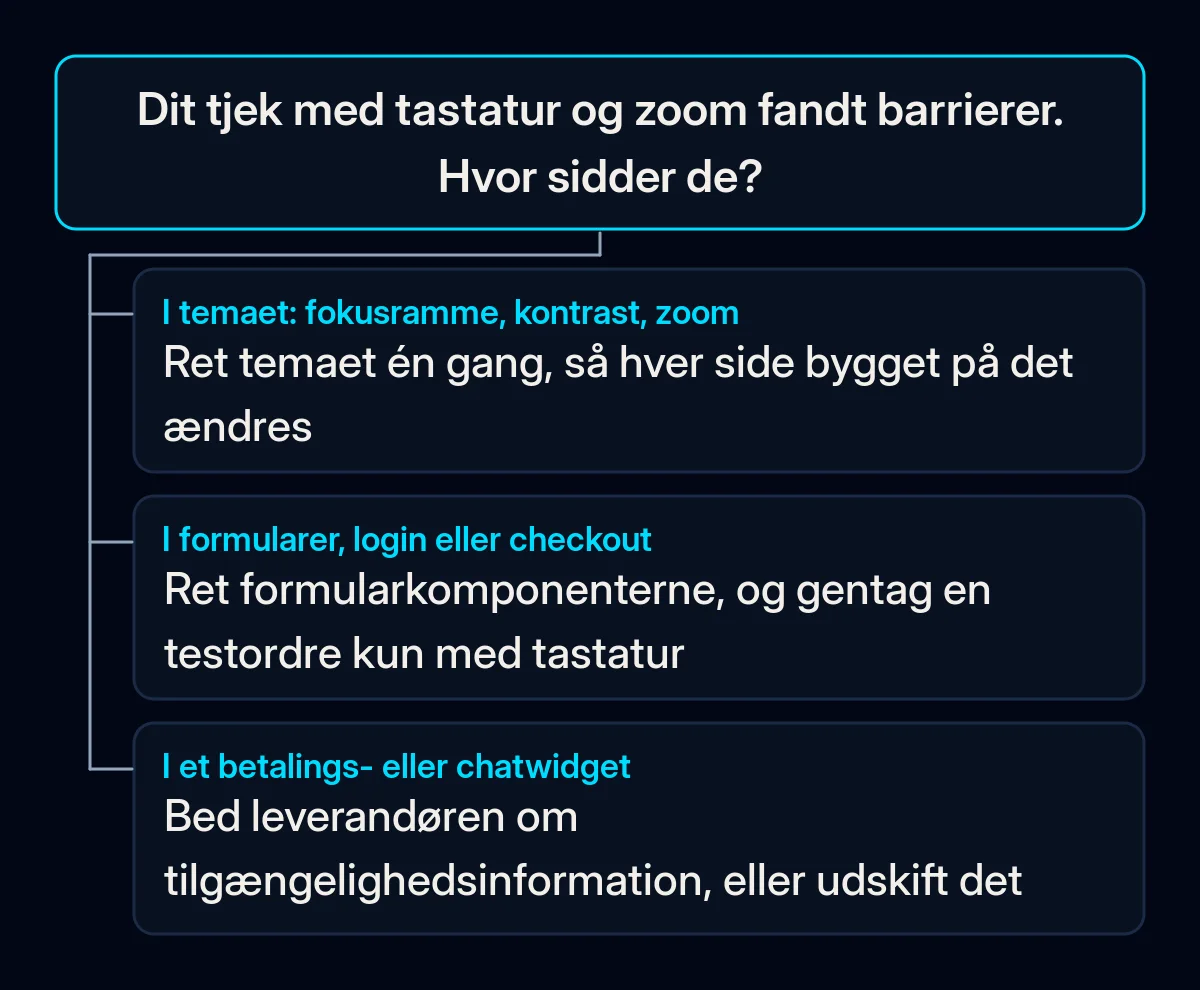 Beslutningstræ for resultaterne af et selvtjek: problemer i temaet, i formularer og checkout eller i en leverandørs widget, hver med sin egen løsning