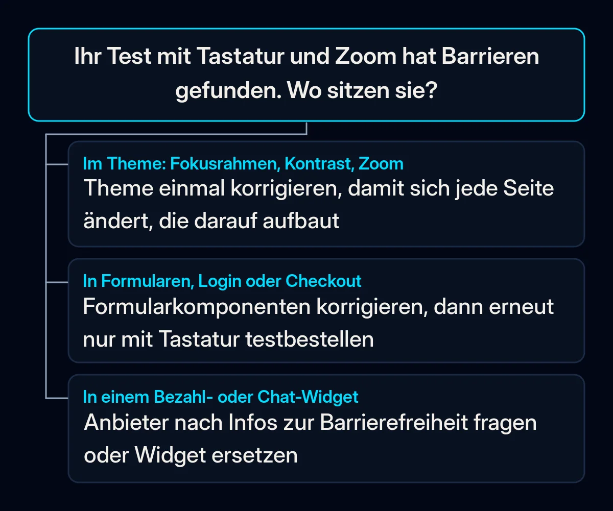 Entscheidungsbaum für die Ergebnisse eines Selbsttests: Probleme im Theme, in Formularen und Checkout oder in einem Anbieter-Widget, jeweils mit eigener Lösung