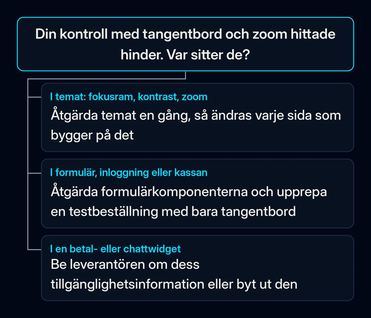 Beslutsträd för resultaten av en egen kontroll: problem i temat, i formulär och kassa eller i en leverantörs widget, var och en med sin egen åtgärd