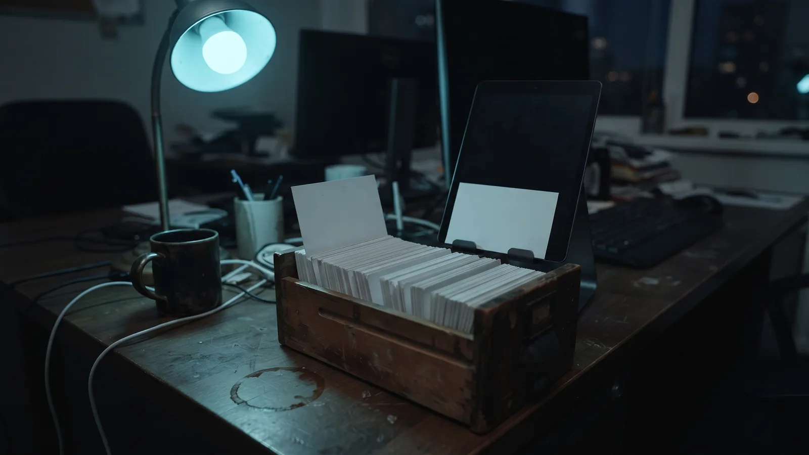 Documentary photograph of a cluttered office desk at night: a wooden card-index box packed with blank white index cards, one card propped against the dark screen of a switched-off tablet, a mug and a coffee ring on the worn desk, dark monitors behind, lit by a single desk lamp with a cool cyan bulb