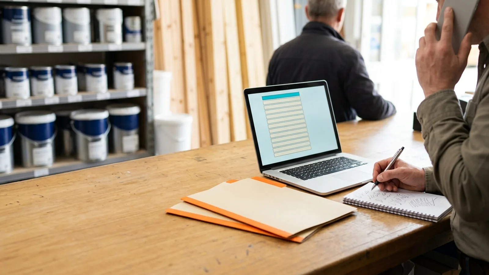 Editorial photograph of a builders' merchant trade counter: a laptop shows a customer record of empty field boxes, two identical orange-tabbed folders overlap, and a salesperson on the phone jots notes while a customer waits