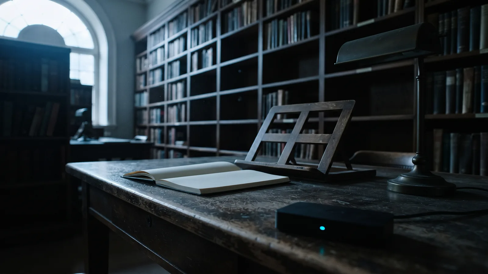 Documentary photograph of a library reading desk: an open blank notebook, an empty wooden book stand beside it, an unlit reading lamp, and shelves behind with several gaps where volumes have been pulled out; one small cyan indicator light on a device on the desk