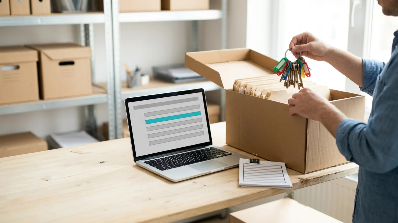 Editorial photograph of a sunlit storeroom: hands lift a ring of old keys with coloured tags out of an archive box of folders, beside an open laptop showing blank grey rows with one cyan row and a clipped stack of blank ruled sheets