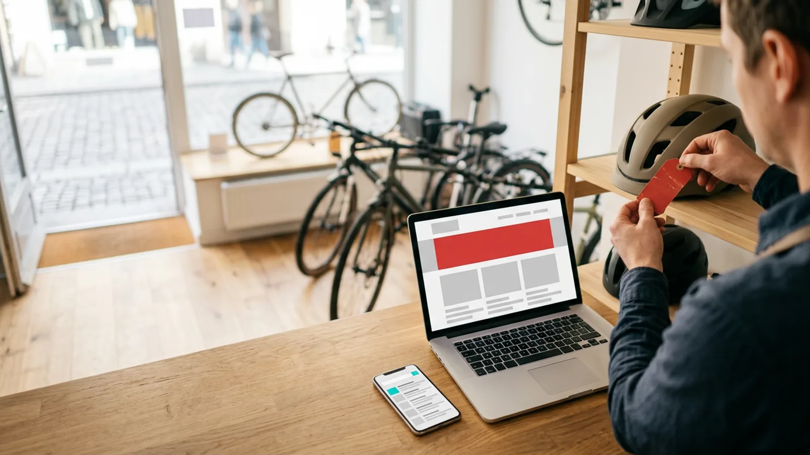 Angajat al unui magazin de biciclete ține o etichetă roșie de reducere lângă un raft cu căști; pe laptop, o pagină web cu banner roșu, un telefon pe tejghea