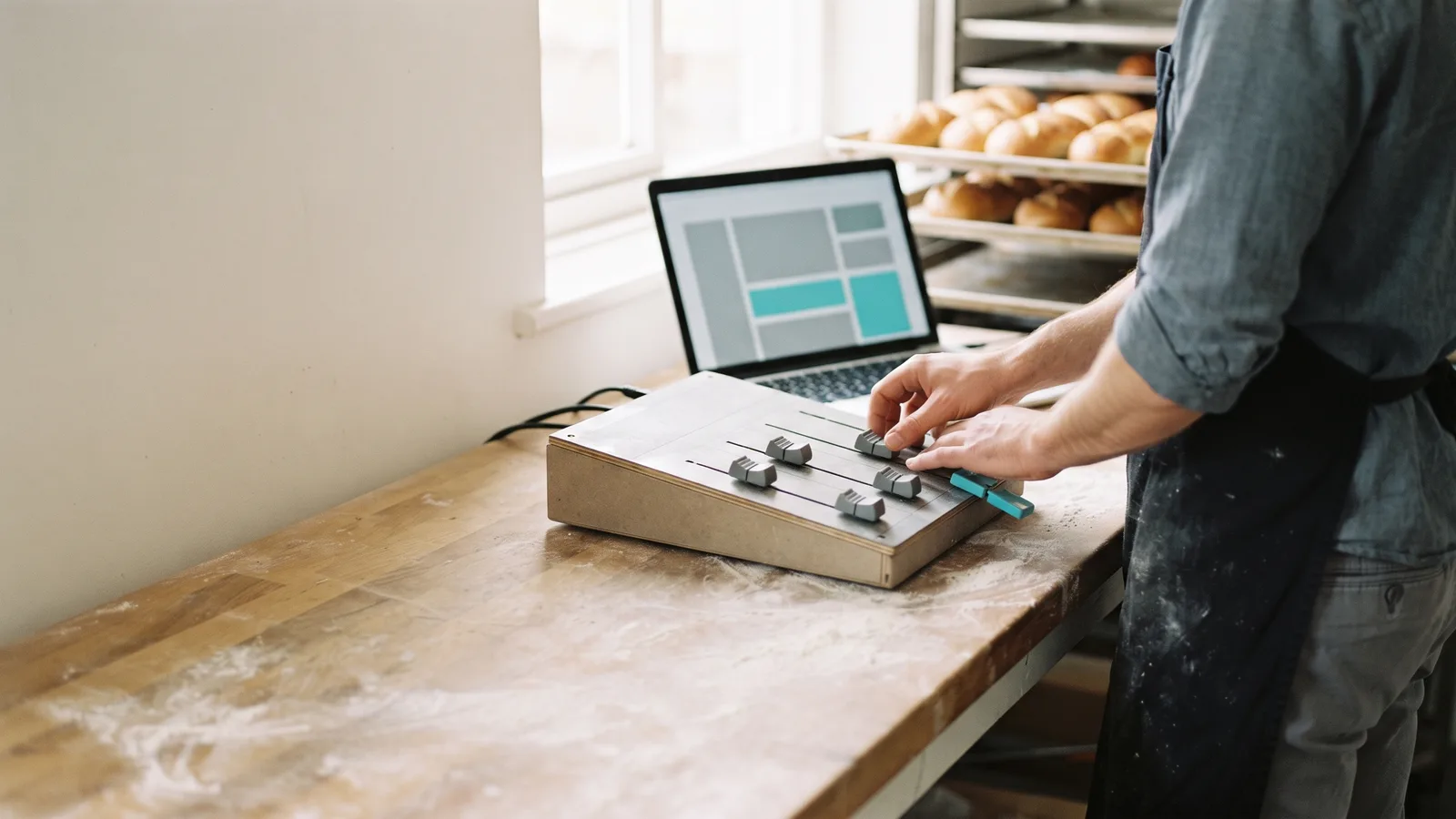 A baker slides the controls of a small fader panel on a floury workbench beside a laptop showing a blank page layout