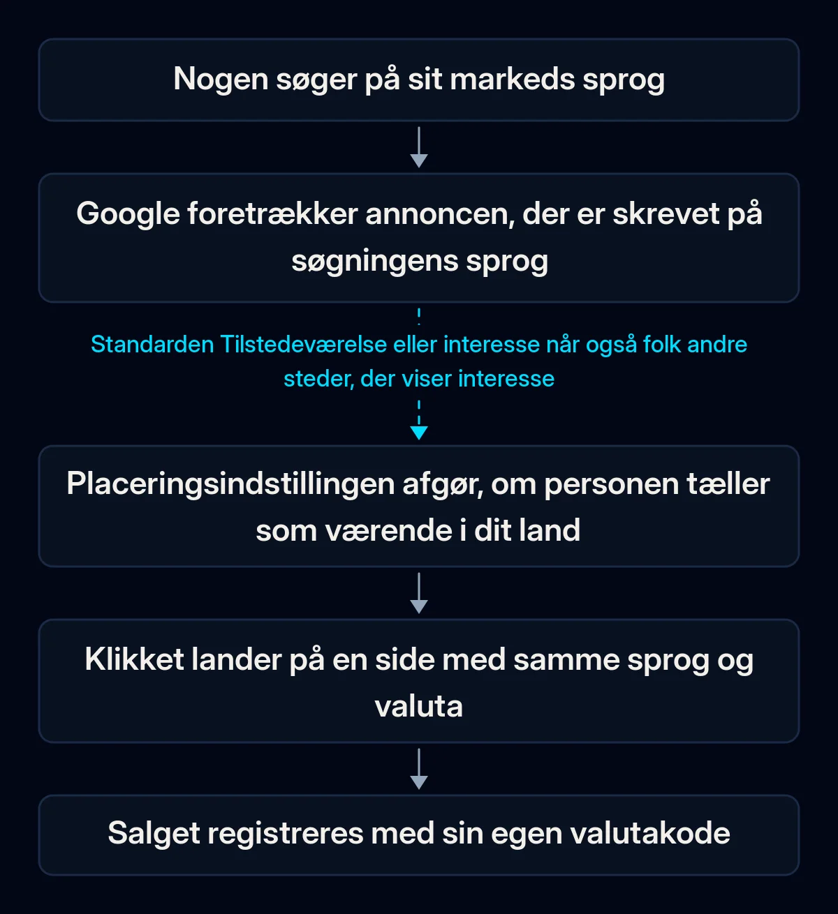 Forløb for en Google Ads-søgning i et andet land: en søgning på det lokale sprog, en annonce på det sprog, et tjek af placering, en landingsside på samme sprog, et salg registreret med sin valuta; leddet om placering er brudt