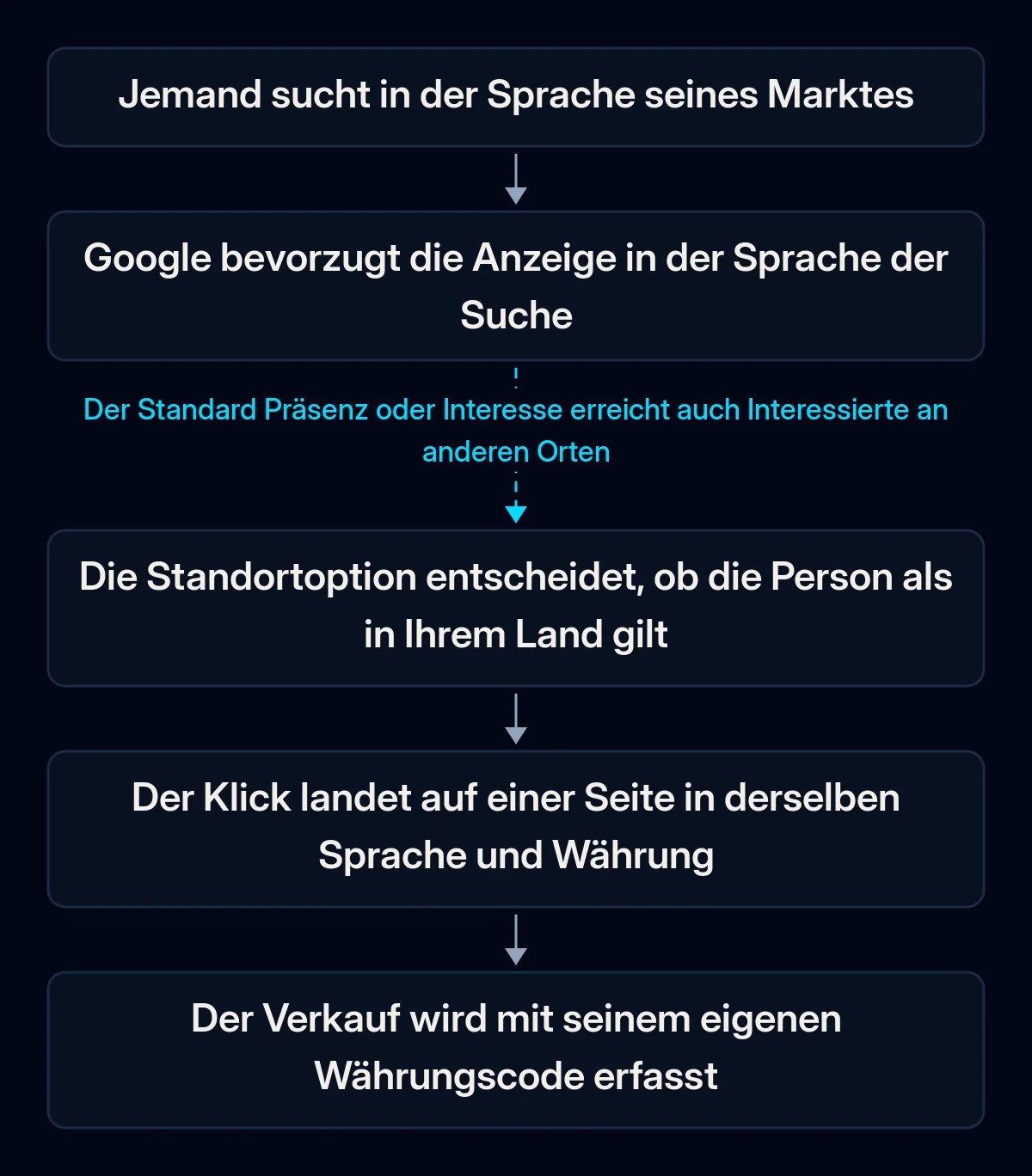 Ablauf einer Google Ads Suche in einem anderen Land: Suche in der Landessprache, Anzeige in dieser Sprache, Standortprüfung, Zielseite in derselben Sprache, Verkauf mit seiner Währung erfasst; die Standortverbindung ist unterbrochen
