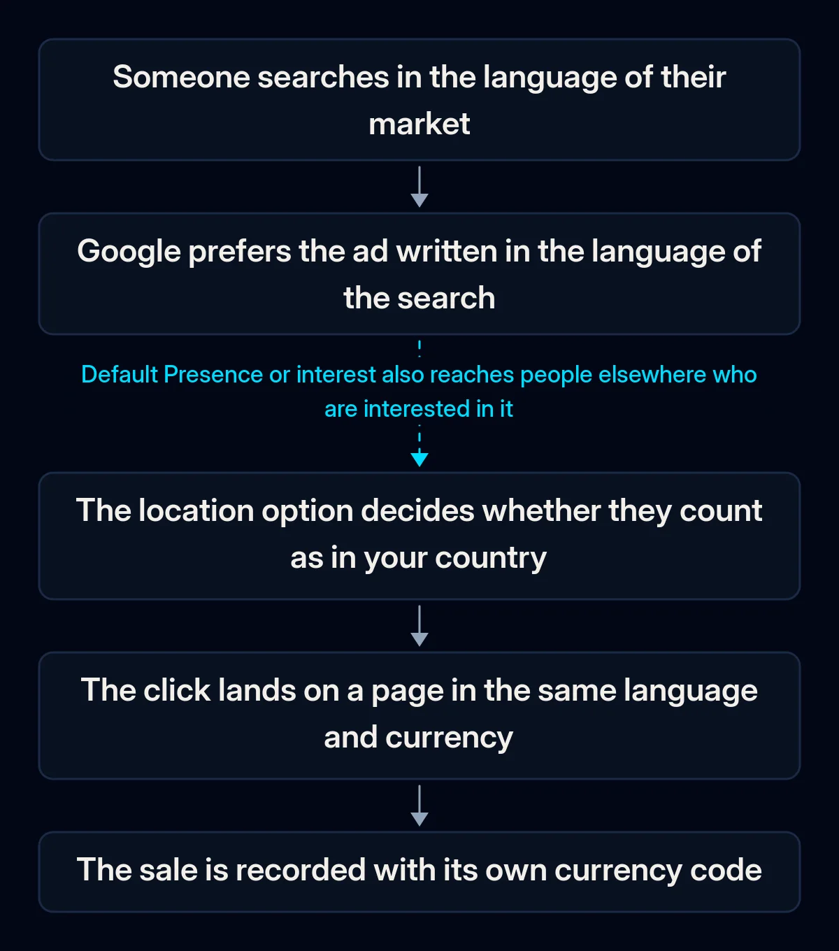 Flow of a Google Ads search in another country: a search in the local language, an ad in that language, a location check, a landing page in the same language, a sale recorded with its currency; the location link is broken