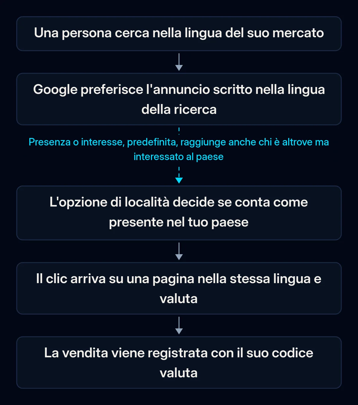 Flusso di una ricerca Google Ads in un altro paese: ricerca nella lingua locale, annuncio in quella lingua, controllo della località, pagina nella stessa lingua, vendita registrata con la sua valuta; il passaggio della località è interrotto