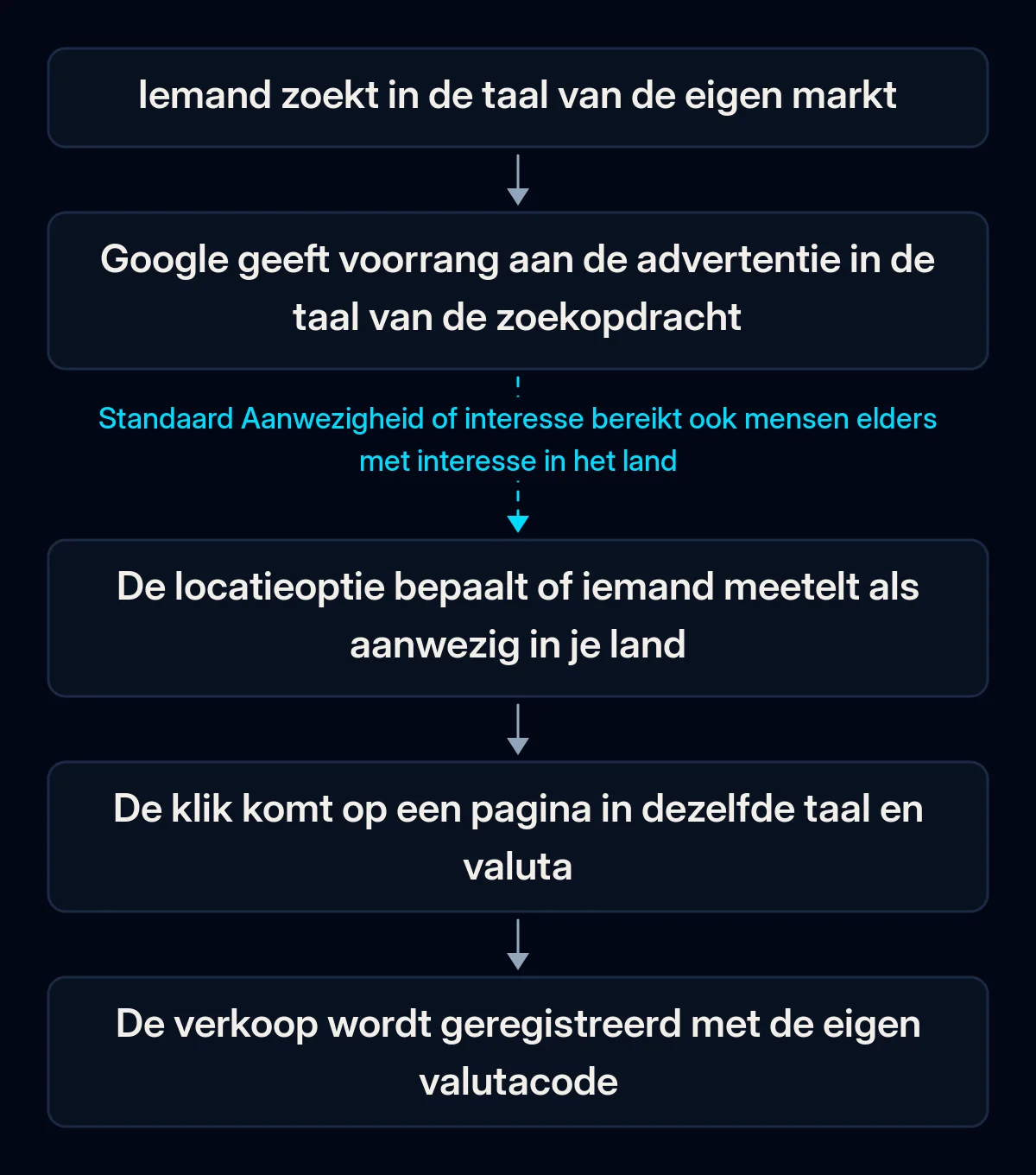 Verloop van een Google Ads-zoekopdracht in een ander land: zoeken in de lokale taal, een advertentie in die taal, een locatiecheck, een bestemmingspagina in dezelfde taal, een verkoop geregistreerd met de eigen valuta; de locatieschakel is verbroken