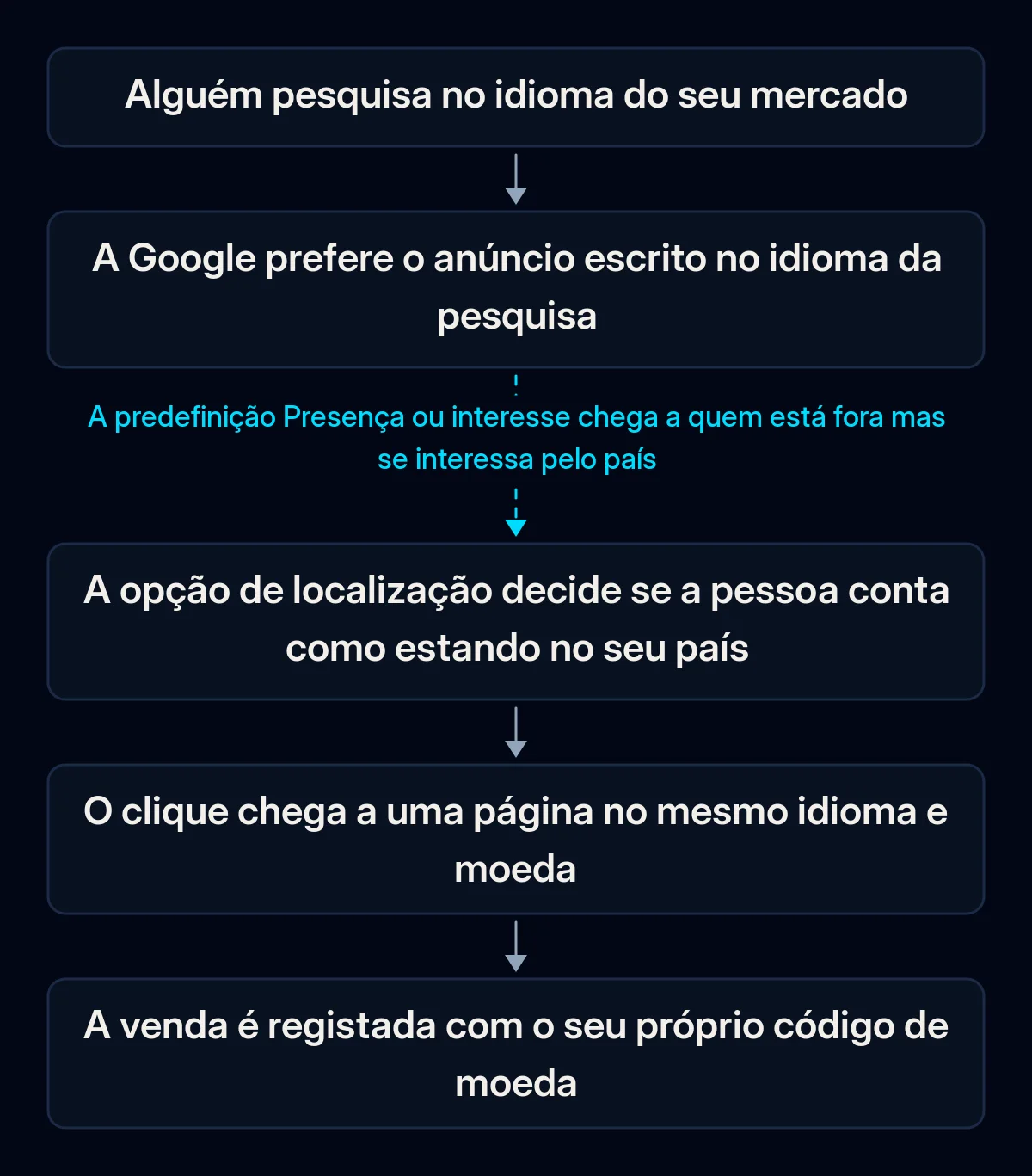 Fluxo de uma pesquisa Google Ads noutro país: pesquisa no idioma local, anúncio nesse idioma, verificação da localização, página de destino no mesmo idioma, venda registada com a sua moeda; a ligação da localização está partida