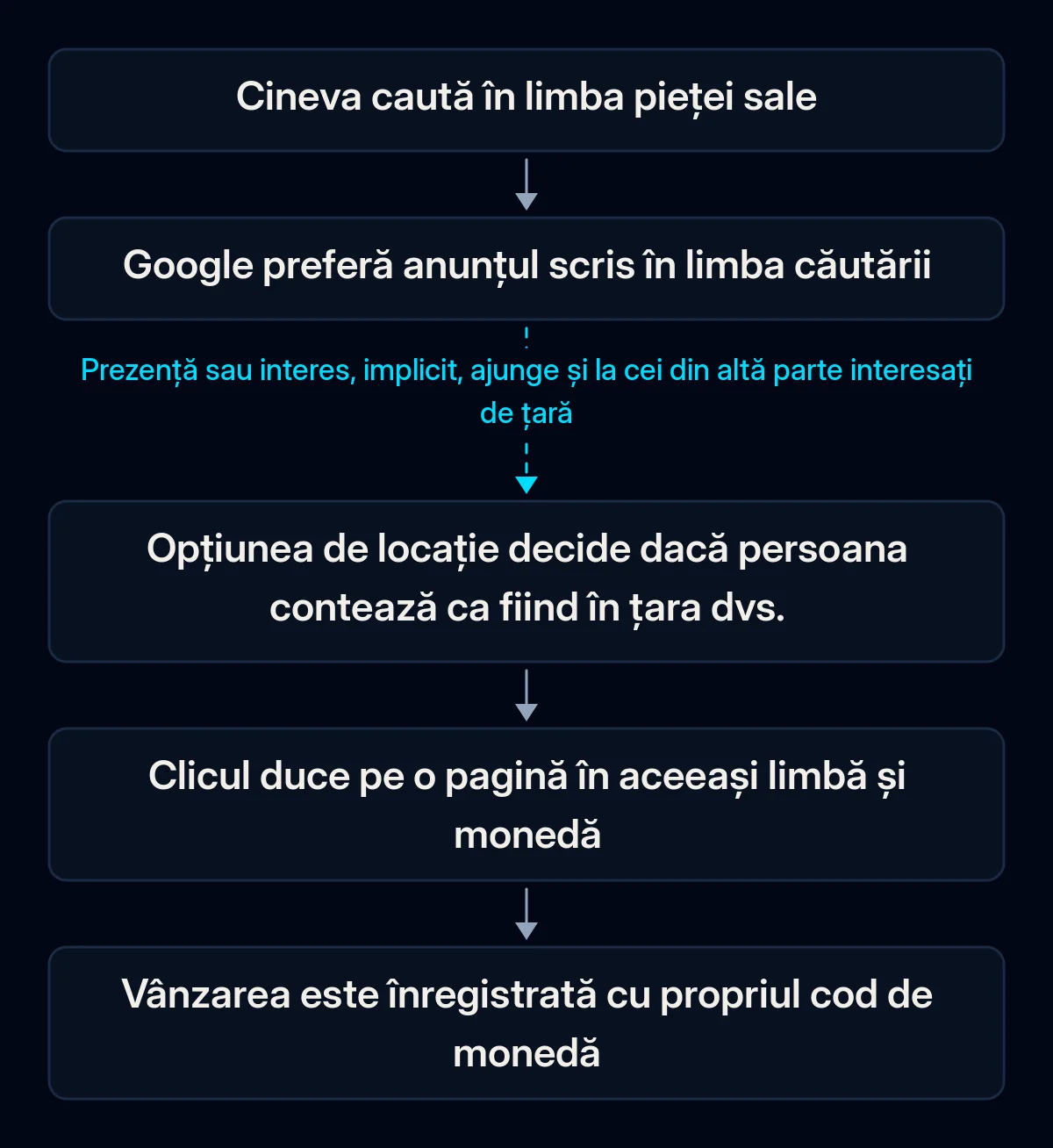 Parcursul unei căutări Google Ads în altă țară: o căutare în limba locală, un anunț în acea limbă, o verificare a locației, o pagină de destinație în aceeași limbă, o vânzare înregistrată cu moneda ei; veriga locației este ruptă