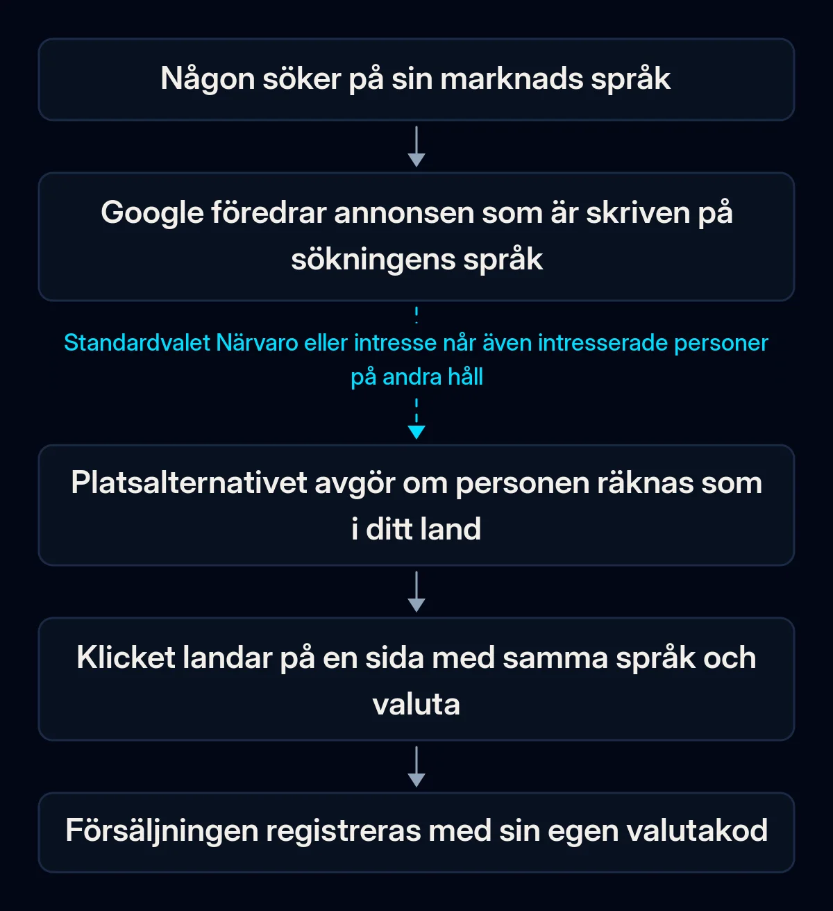 Flöde för en Google Ads-sökning i ett annat land: en sökning på det lokala språket, en annons på det språket, en platskontroll, en landningssida på samma språk, en försäljning registrerad med sin valuta; platslänken är bruten
