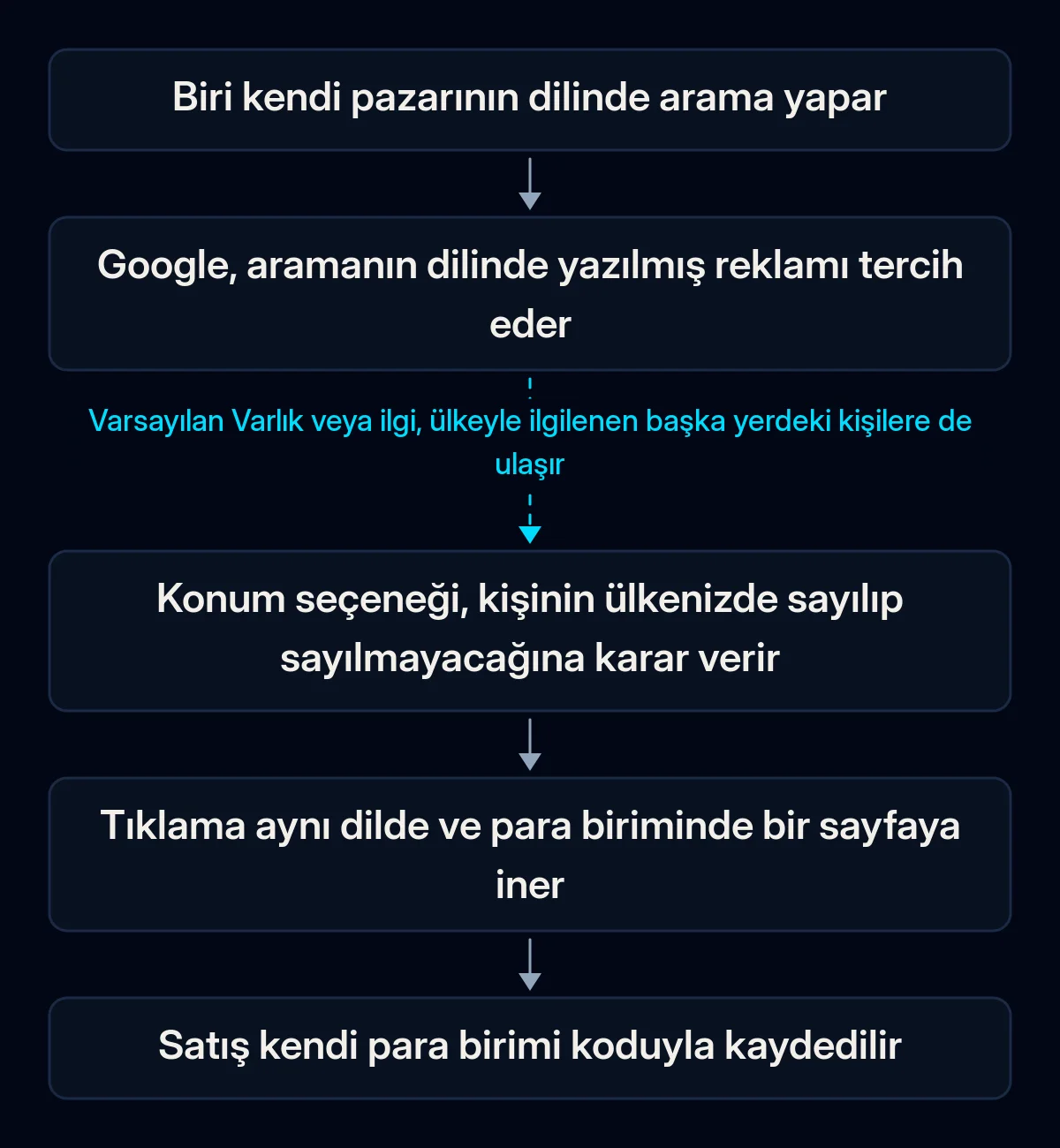 Başka bir ülkedeki Google Ads aramasının akışı: yerel dilde arama, o dilde reklam, konum kontrolü, aynı dilde açılış sayfası, para birimiyle kaydedilen satış; konum halkası kopuk