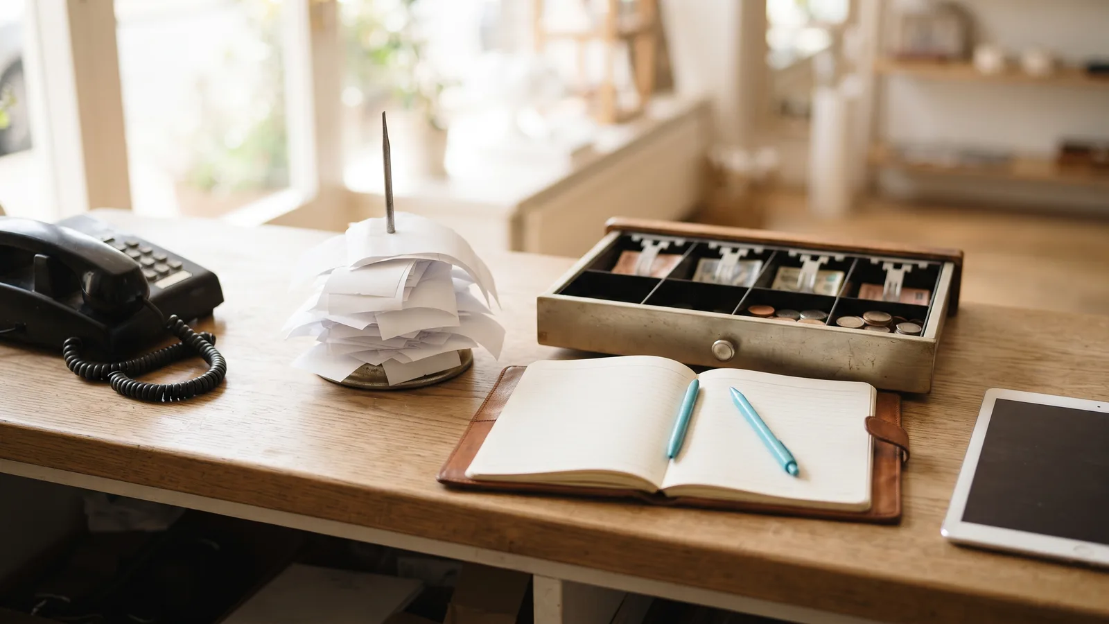 Documentary photograph of a wooden reception counter in bright daylight: a black landline phone resting on its hook with a coiled cord, a receipt spike piled with blank white paper slips, an open metal cash tray with banknotes and coins, a leather-bound ledger open on two blank lined pages with two cyan pens lying on it, and an unbranded tablet with its screen switched off at the edge of the counter; a sunlit shop interior blurred behind