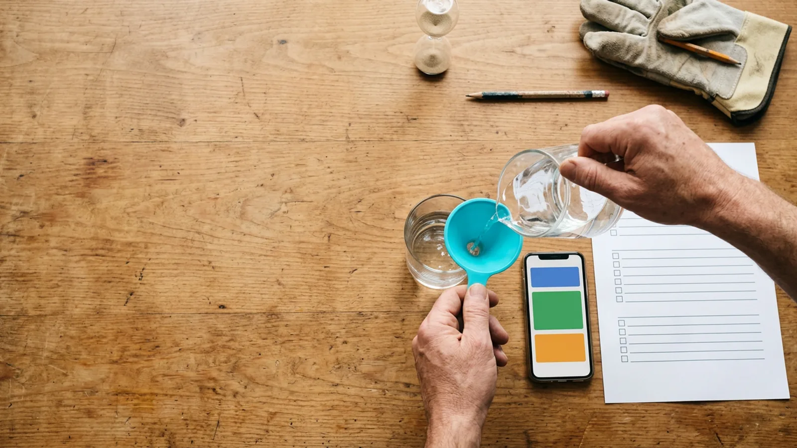 Hands pour water through a cyan funnel into a glass beside a phone with three colour blocks and an empty checklist