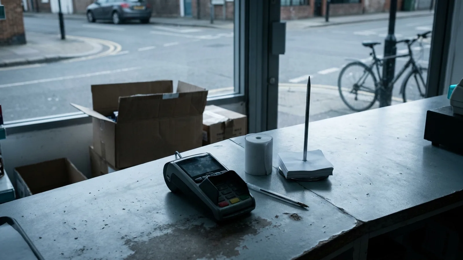 Documentary photograph of a worn shop counter by a window in cool grey daylight: an unbranded card-payment terminal with a dark screen, a paper receipt roll, a metal spike holding blank till slips and a pen, open cardboard stock boxes beside the window, and outside a quiet street with a parked car and a bicycle leaning against a lamp post