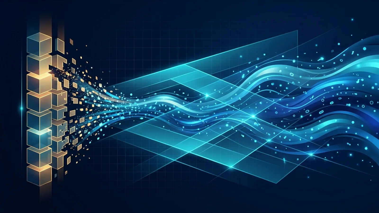 Abstract editorial illustration: rigid geometric keyword blocks dissolving into a fluid cyan current across a deep ink field
