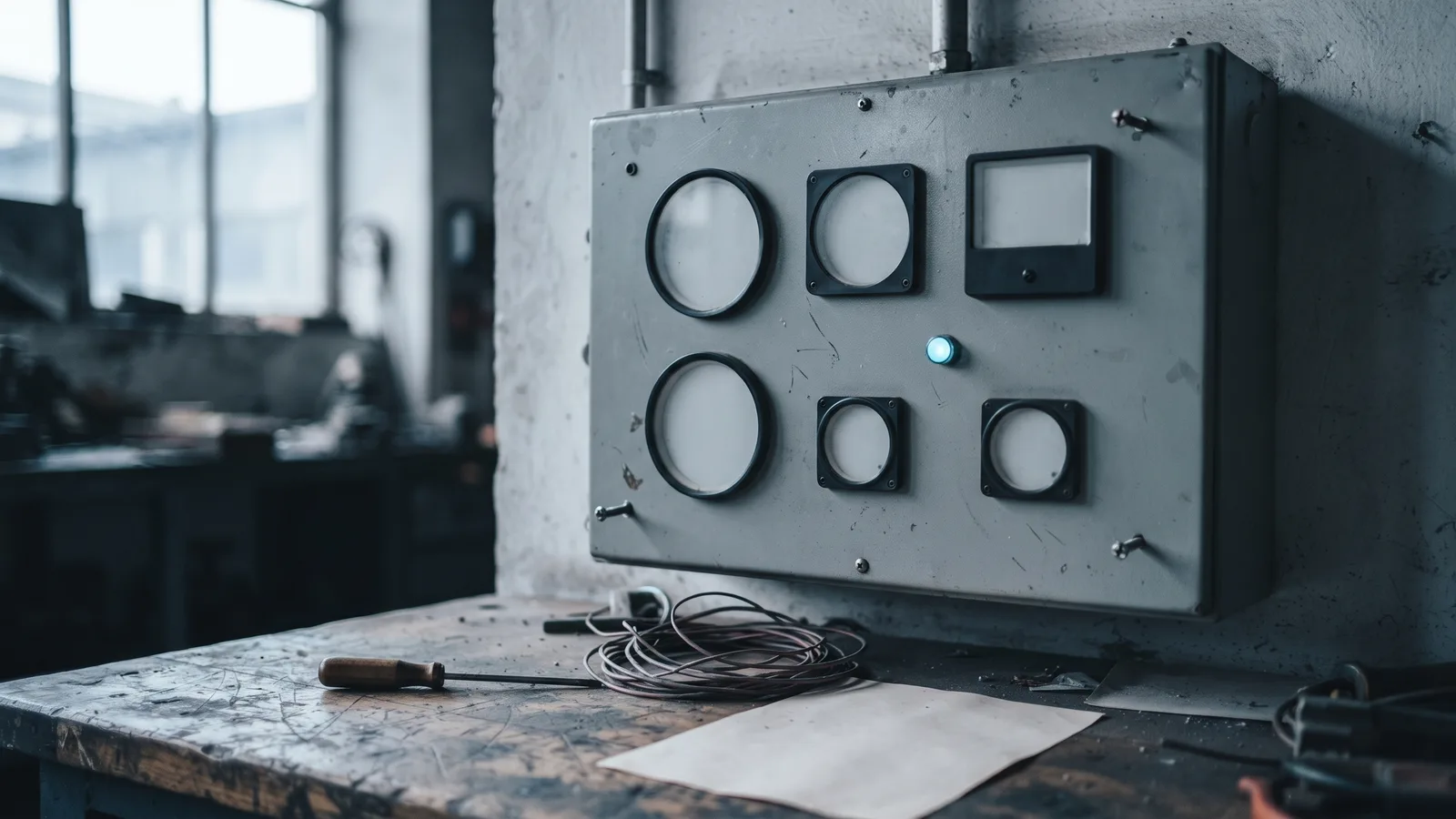 Documentary photograph of a grey steel panel mounted on a rough white workshop wall, holding six blank unbranded analogue gauges of different shapes in a grid, two large round ones and four smaller round and square ones, with a single small cyan indicator lamp lit in the middle, a scratched wooden bench below with a screwdriver, a coil of wire and a blank sheet of paper, cool daylight from tall windows on the left