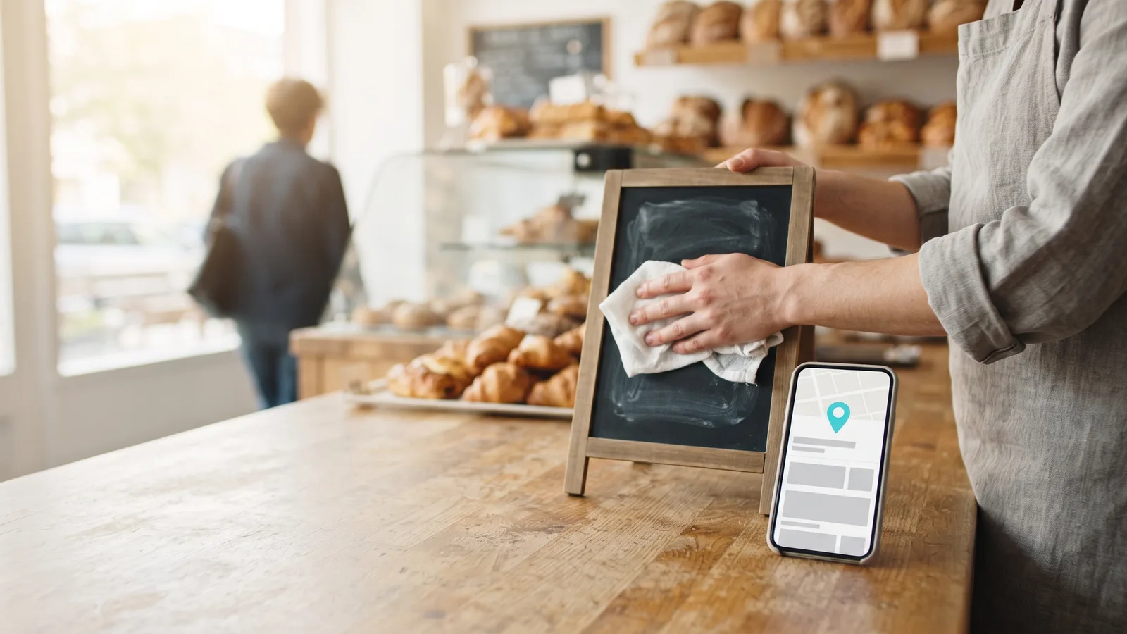 Bakery worker wipes a blank chalkboard sign on the counter; a phone beside it shows a map pin and a listing layout