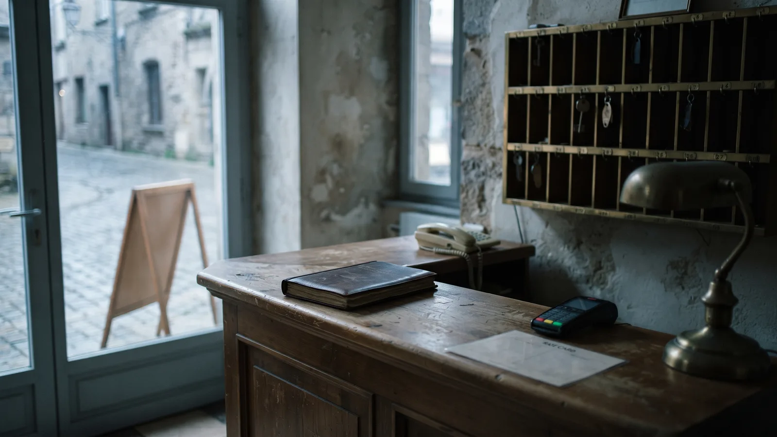 Documentary photograph of a small old-town hotel reception in grey morning light: a worn wooden front desk with a closed leather reservations book, a corded beige landline telephone, a card-payment terminal, a sheet of paper lying face down and a brass desk lamp, a wall of brass pigeonholes with a few room keys hanging behind it, and through the glass door a cobbled street with a blank folded A-frame sign