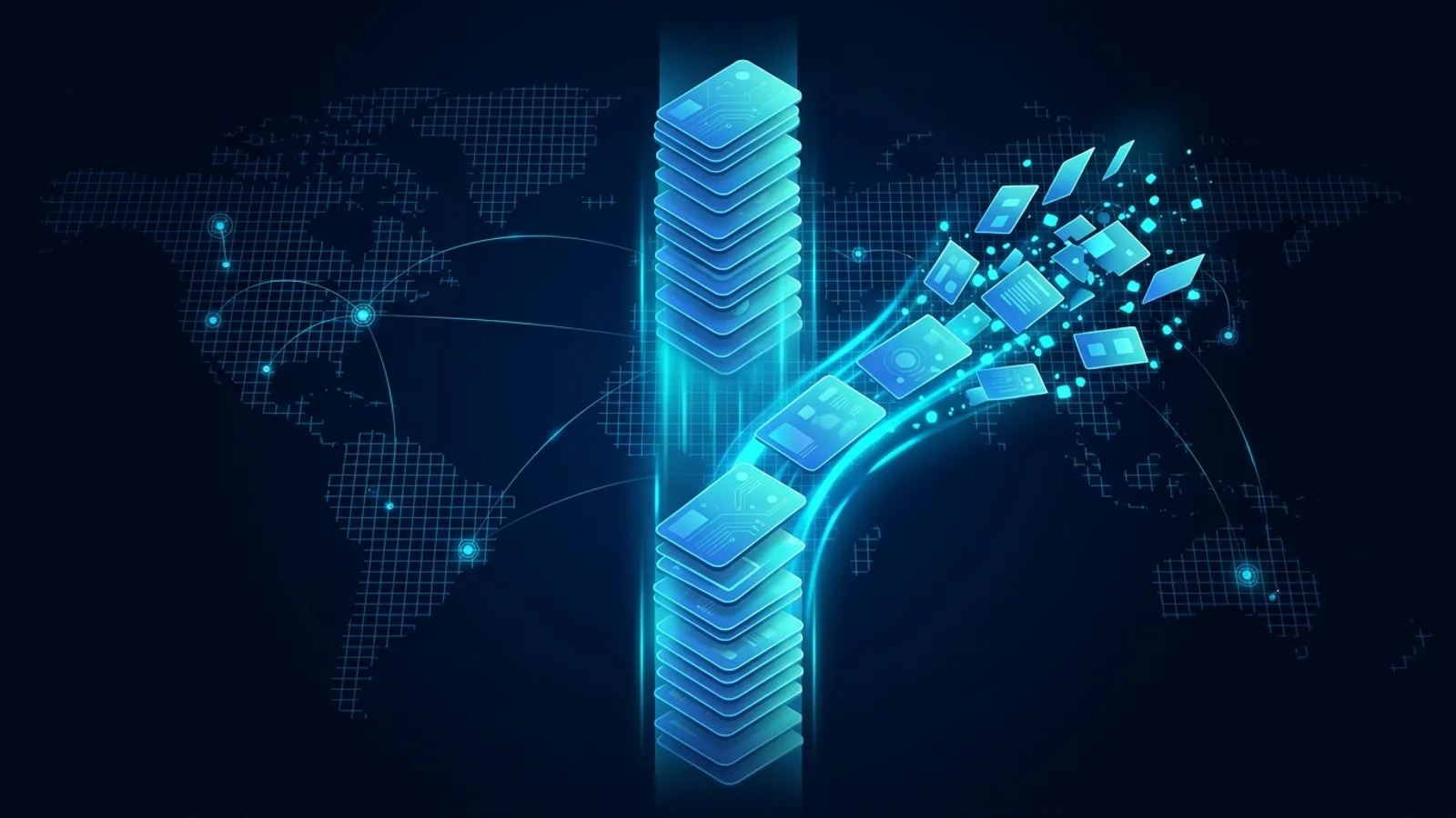 Abstract editorial illustration: a search results column splitting into two divergent paths across a mapped region, deep ink blue with glowing cyan accents