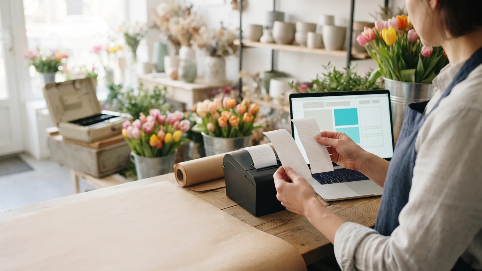 A florist holds two identical receipts from a small printer beside a laptop showing a page layout with cyan blocks